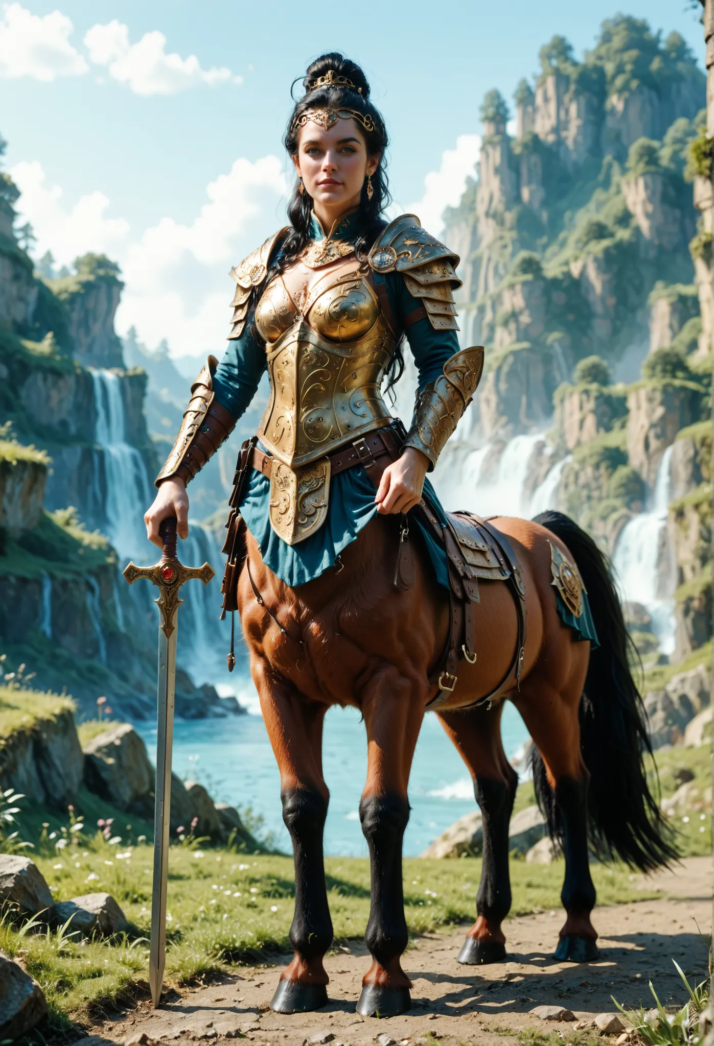 female centaur warrior, linda sexy, Freehands, straight black hair, with light warrior armor, Scenario Gramado , with a stream and hills in the background, ultra realista, epic, mitologica, full body in the image,