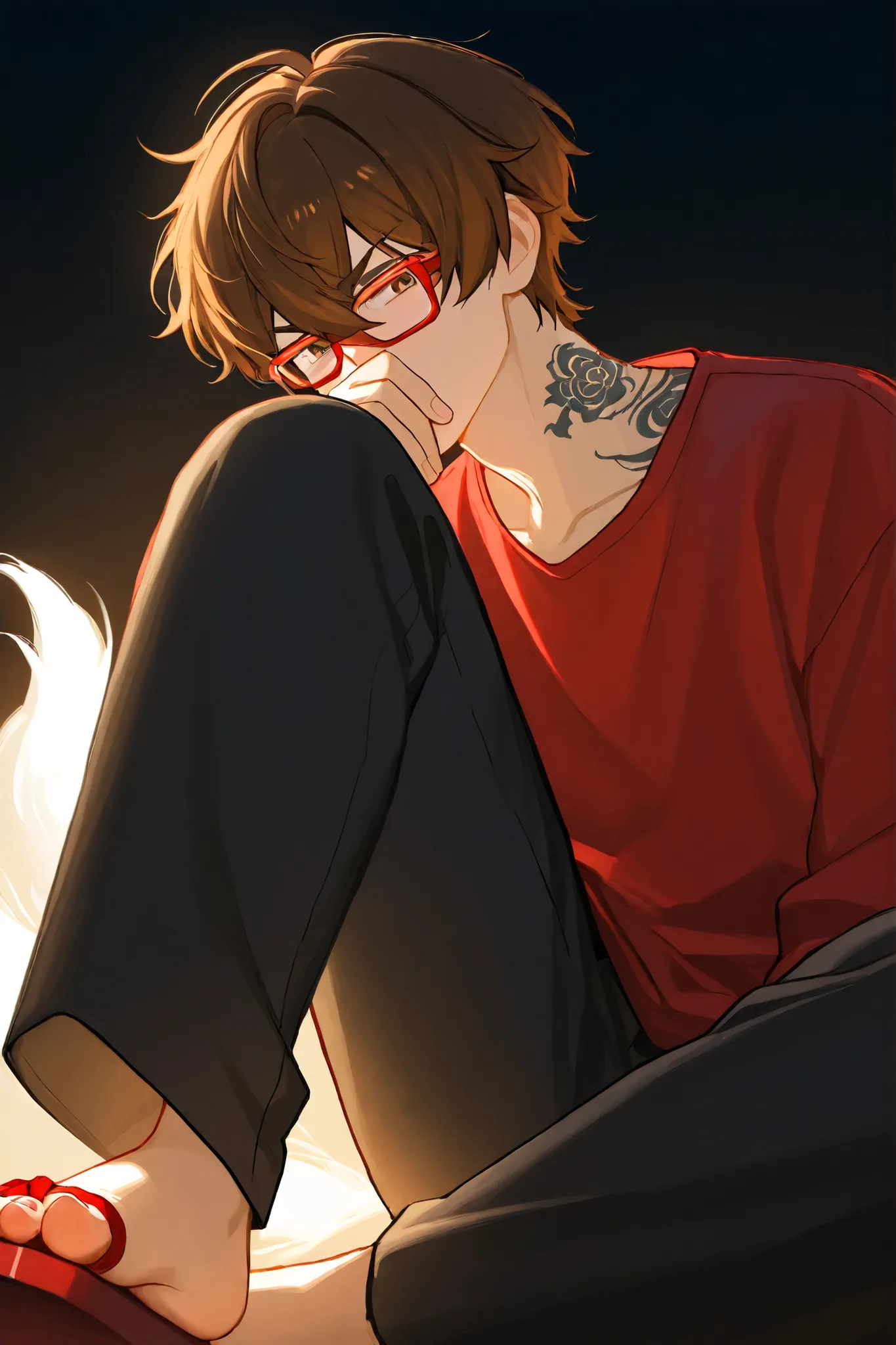 A boy with wavy brown hair and expressive eyebrows, a tattoo on his neck of a white and red kitsune, He is wearing a long red shirt and black pants. A dark background with soft lighting and pinkish red toes, creating an atmosphere. His face has a red mask ...