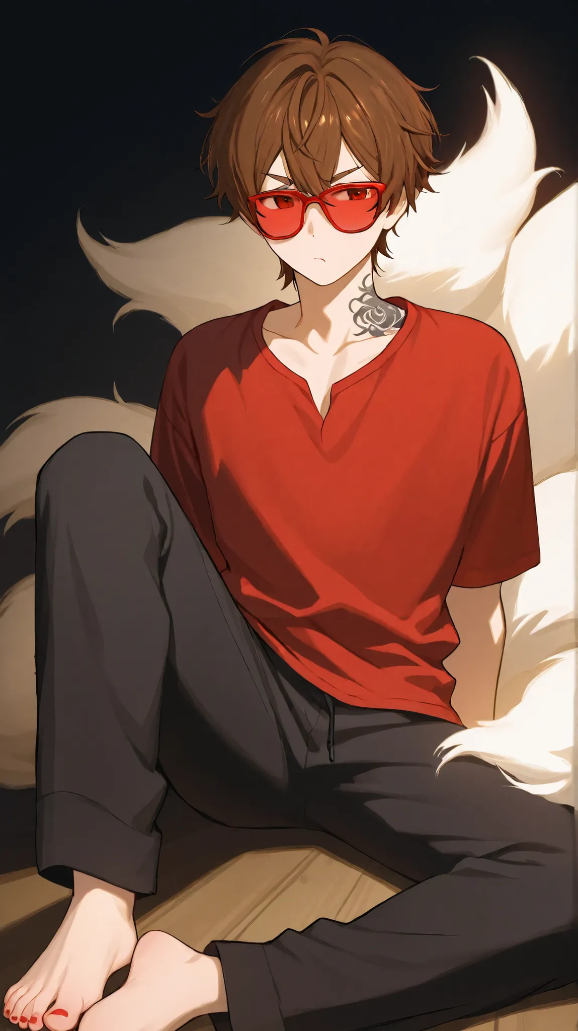 A boy with wavy brown hair and expressive eyebrows, a tattoo on his neck of a white and red kitsune, He is wearing a long red shirt and black pants. A dark background with soft lighting and pinkish red toes, creating an atmosphere. His face has a red mask ...
