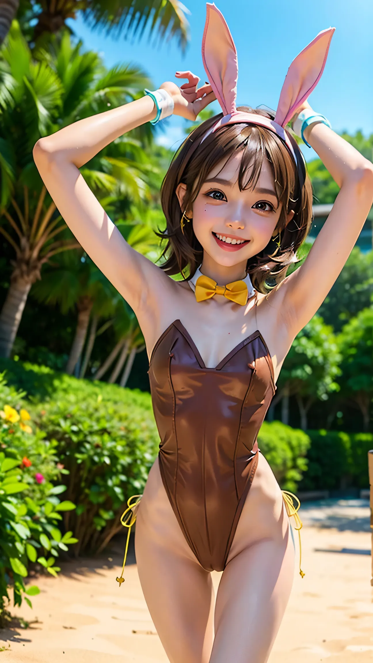 , goblin, big smile of joy，     beautiful    、Move，(((flat chest))),dances a dynamic dance、paint ear hair bands、((((Thin Arms、Bunny Girl to Rimjob、thin waist、slender upper body、thin thighs、      Slender Lower Body      ))))、medium long hair、(((Playboy bunn...