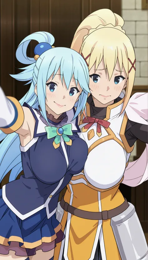 score_7_up, score_6_up, your bramble, aqua Konosuba, darkness/ Konosuba, 2 girls , anime screencap , women only ,  Only women, big breasts , masterpiece, Precise, Anatomically correct, Super detail, High Details, high quality, better quality, highres, , ci...