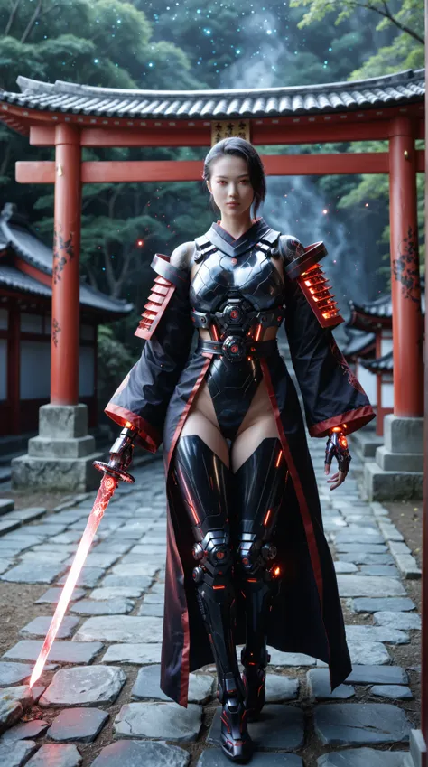 full-body female cyborg shrine maiden mid-air in dynamic action pose, futuristic red and black armored kimono with glowing cursed sigils, exposed cybernetic limbs and mechanical joints, cracked synthetic skin, glowing red eye, twin energy katanas (one red,...