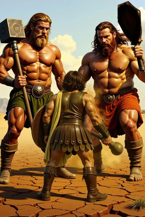 A dramatic cinematic image from a low-angle perspective, emphasizing the grandeur of a mythic clash. In the center stands Hercules with his back to the viewer, appearing small but resolute in a sun-scorched desert between Iberia and Italy. He holds a heavy...