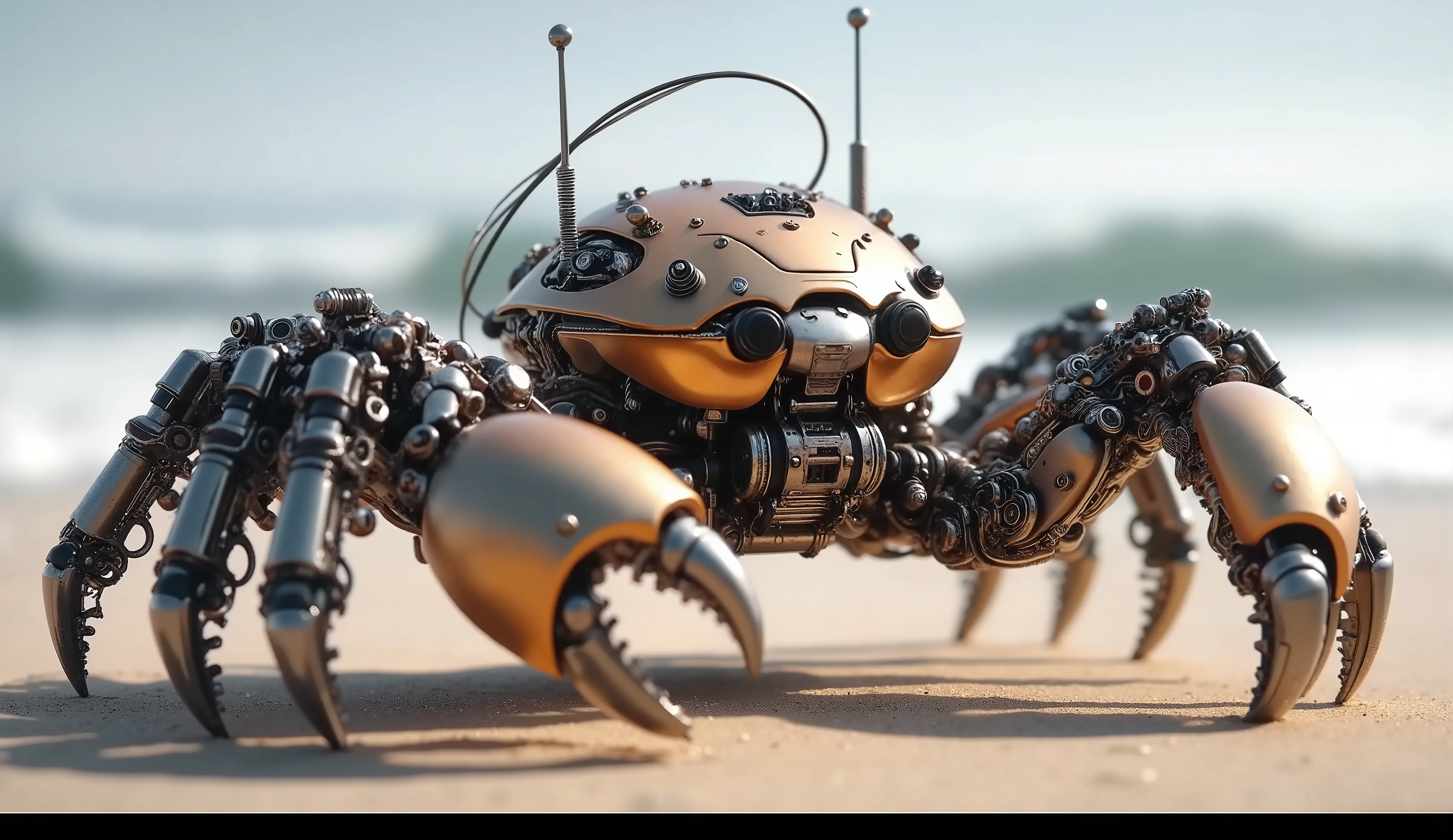 The image depicts a highly detailed, a steampunk robotic crab on a sandy beach with waves crashing in the background. The crab is made of an intricate set of metal parts, fun, and, with weathered, industrial look. Its body has a yellow-orange shell, , and ...