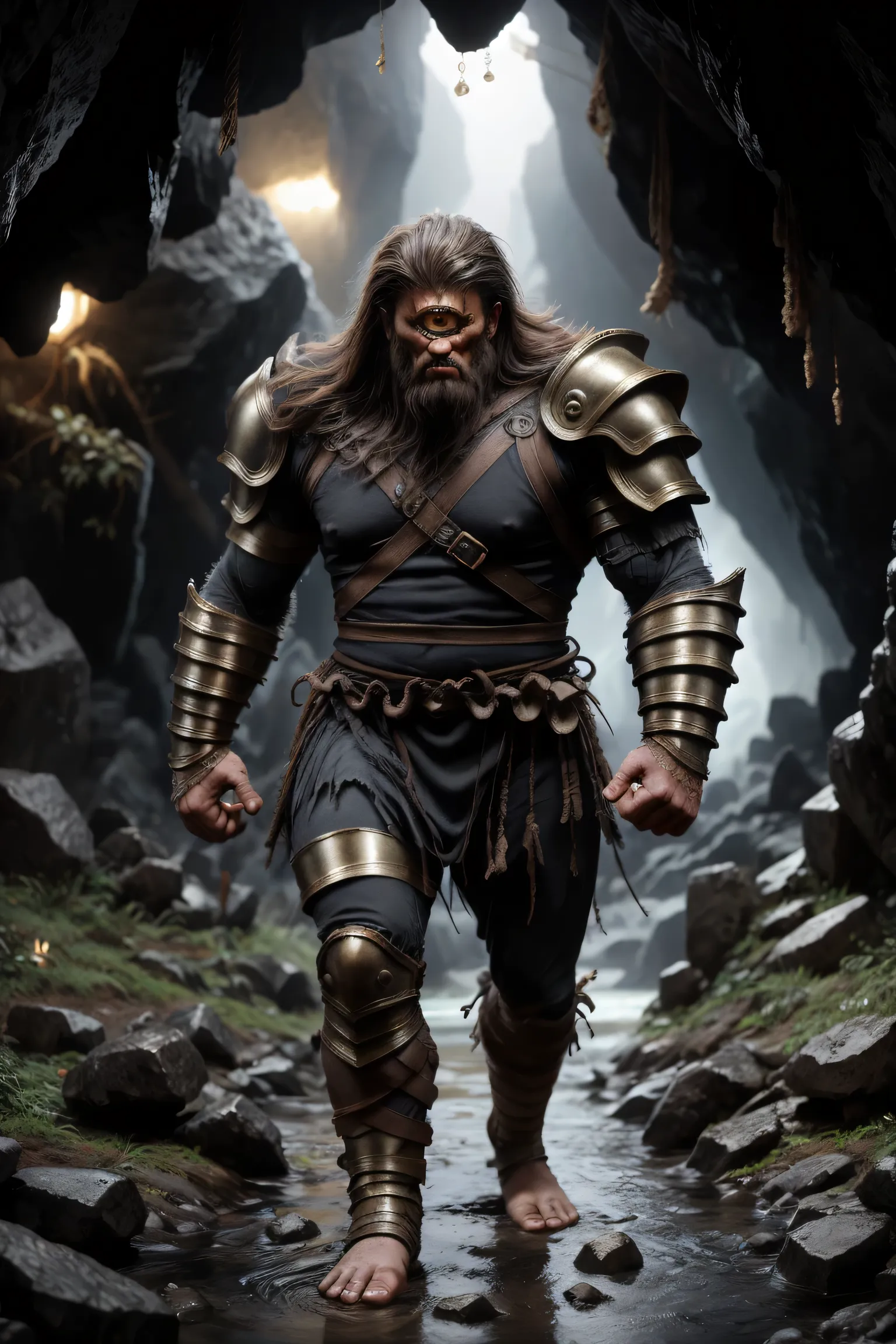 A giant one-eyed Cyclops, extremely tall and muscular, wearing an epic Greek armor made of aged bronze and leather, covered in scars from ancient battles. He walks toward the viewer with an aggressive and menacing expression. His hands are free with clench...