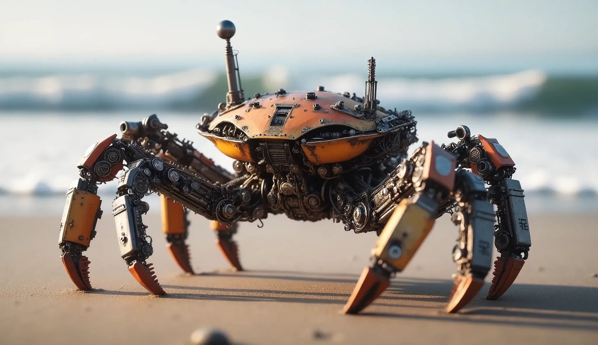 The image depicts a highly detailed, a steampunk robotic crab on a sandy beach with waves crashing in the background. The crab is made of an intricate set of metal parts, fun, and, with weathered, industrial look. Its body has a yellow-orange shell, , and ...