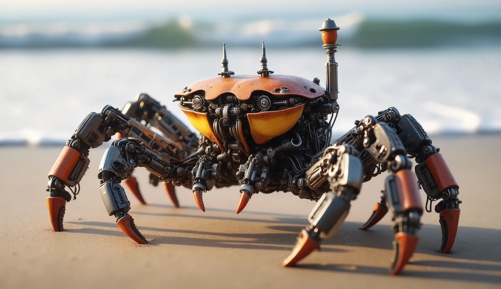 The image depicts a highly detailed, a steampunk robotic crab on a sandy beach with waves crashing in the background. The crab is made of an intricate set of metal parts, fun, and, with weathered, industrial look. Its body has a yellow-orange shell, , and ...
