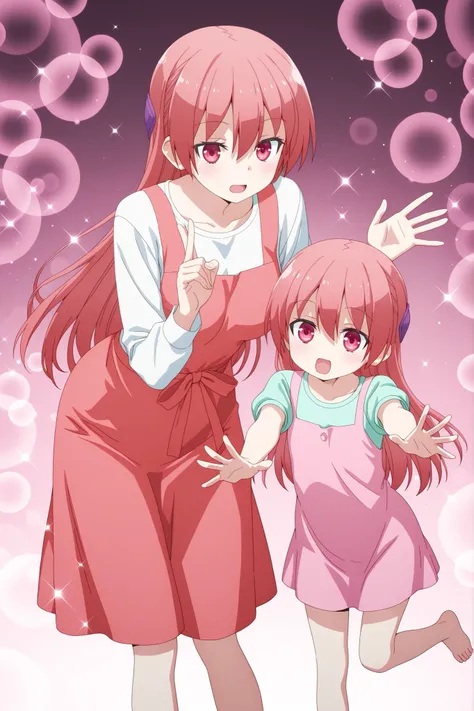 Tsukasa Yuzaki, mother_and_daughter, 2girls, aged_down, arms outstretched, tilted torso, open hand gesture, leaning forward, one leg raised, pink gradient background, sparkles, bokeh effect, flowers, soft lighting
open mouth