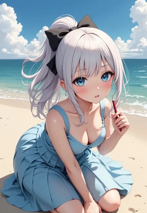  (masterpiece,  computer, mejor quality,  Clear focus, shadow, anime-style, ultra high resolution, 8K, perfect anatomy, perfect face, (detailed face), (  Detailed eye  ), score_9, score_8_above, score_7_above, score_6_above, score_5_above, score_4_above,  source _animated, Label 1, Label2, quality_masterpiece, Anatomically Correct, beautiful face, perfect face, Beautiful and highly detailed face and eyes, Attractive face, detailed face, delicate facial features, detailed skin, huge breasts, breast size cup D or DD, caderas anchas, gigantic butt, thick thighs. looking at the spectator. Anime style illustration of a beautiful woman with an elegant and sensual look. Hyperrealistic anime girl on a sunny beach, kneeling on the sand while holding a red pencil in her right hand. She has long, silvery-white hair tied back in a high ponytail with a large black bow, big blue eyes with a tender and curious expression, skin blushed cheeks. She wears a sleeveless light blue dress with a plunging neckline that reveals part of the bust, tight at the waist with a skirt that expands slightly. In the background you can see the bright blue sea, soft waves and a sky with fluffy clouds. warm lighting, Very detailed anime style, focus on soft textures, Luminous skin, shiny hair and a summery and adorable atmosphere.