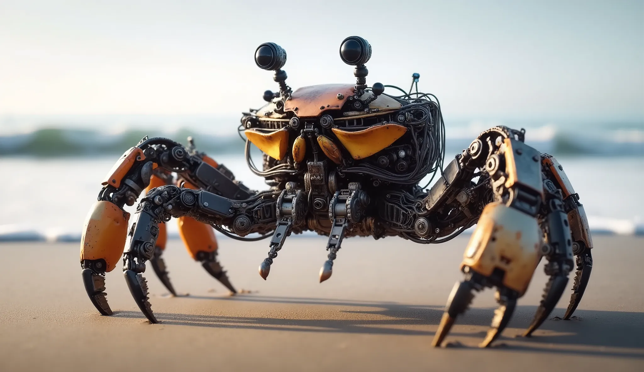 The image depicts a highly detailed, a steampunk robotic crab on a sandy beach with waves crashing in the background. The crab is made of an intricate set of metal parts, fun, and, with weathered, industrial look. Its body has a yellow-orange shell, , and ...