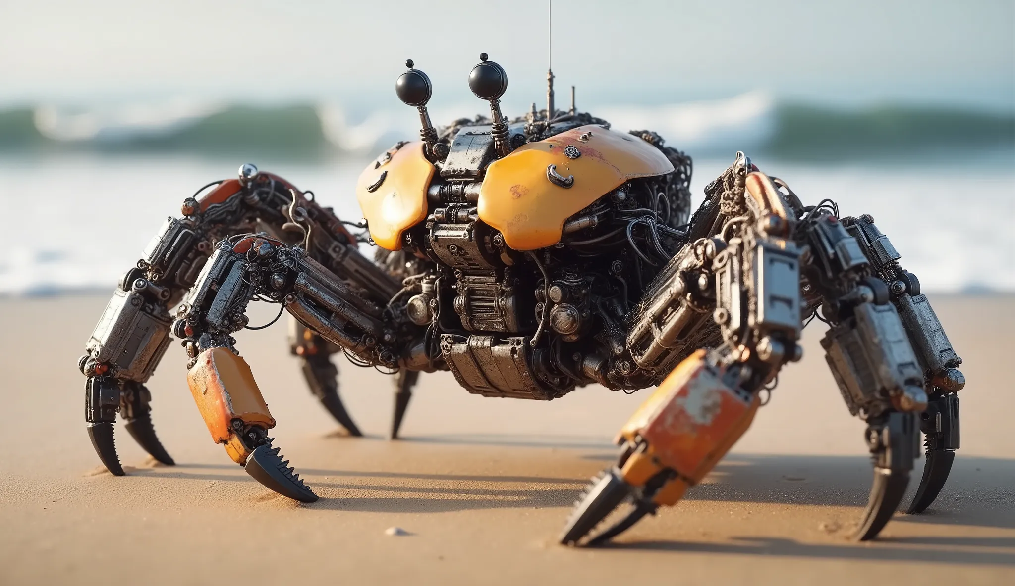 The image depicts a highly detailed, a steampunk robotic crab on a sandy beach with waves crashing in the background. The crab is made of an intricate set of metal parts, fun, and, with weathered, industrial look. Its body has a yellow-orange shell, , and ...