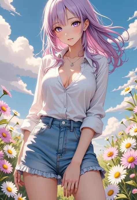  (masterpiece,  computer, mejor quality,  Clear focus, shadow, anime-style, ultra high resolution, 8K, perfect anatomy, perfect face, (detailed face), (  Detailed eye  ), score_9, score_8_above, score_7_above, score_6_above, score_5_above, score_4_above,  source _animated, Label 1, Label2, quality_masterpiece, Anatomically Correct, beautiful face, perfect face, Beautiful and highly detailed face and eyes, Attractive face, detailed face, delicate facial features, detailed skin, huge breasts, breast size cup D or DD, caderas anchas, gigantic butt, thick thighs. looking at the spectator. Anime-style illustration of a beautiful woman with an elegant and sensual look. A beautiful anime girl with long light purple hair with pink reflections, slightly wavy and loose, under a bright blue sky with fluffy clouds. She has large violet eyes and fair skin. She wears a white V-neck blouse, bare shoulders and long sleeves rolled up, combined with short shorts of a light blue waist with belt and ruffles in the hem. She wears delicate necklaces with small charms. The scene is set in a field full of daisies and multicolored flowers, creating a summery vibe, happy and romantic. The style is anime with realistic details, Soft lighting and bright colors.