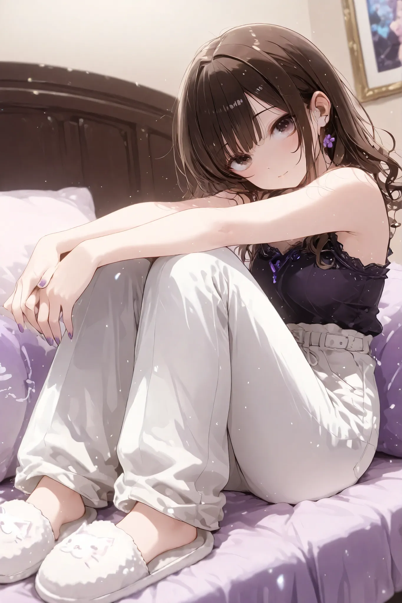 A light skin girl short curly dark brown hair, dark brown eyes, purple nails, 1,68 tall wearing a black Top end low waist pants and White slippers in you room
