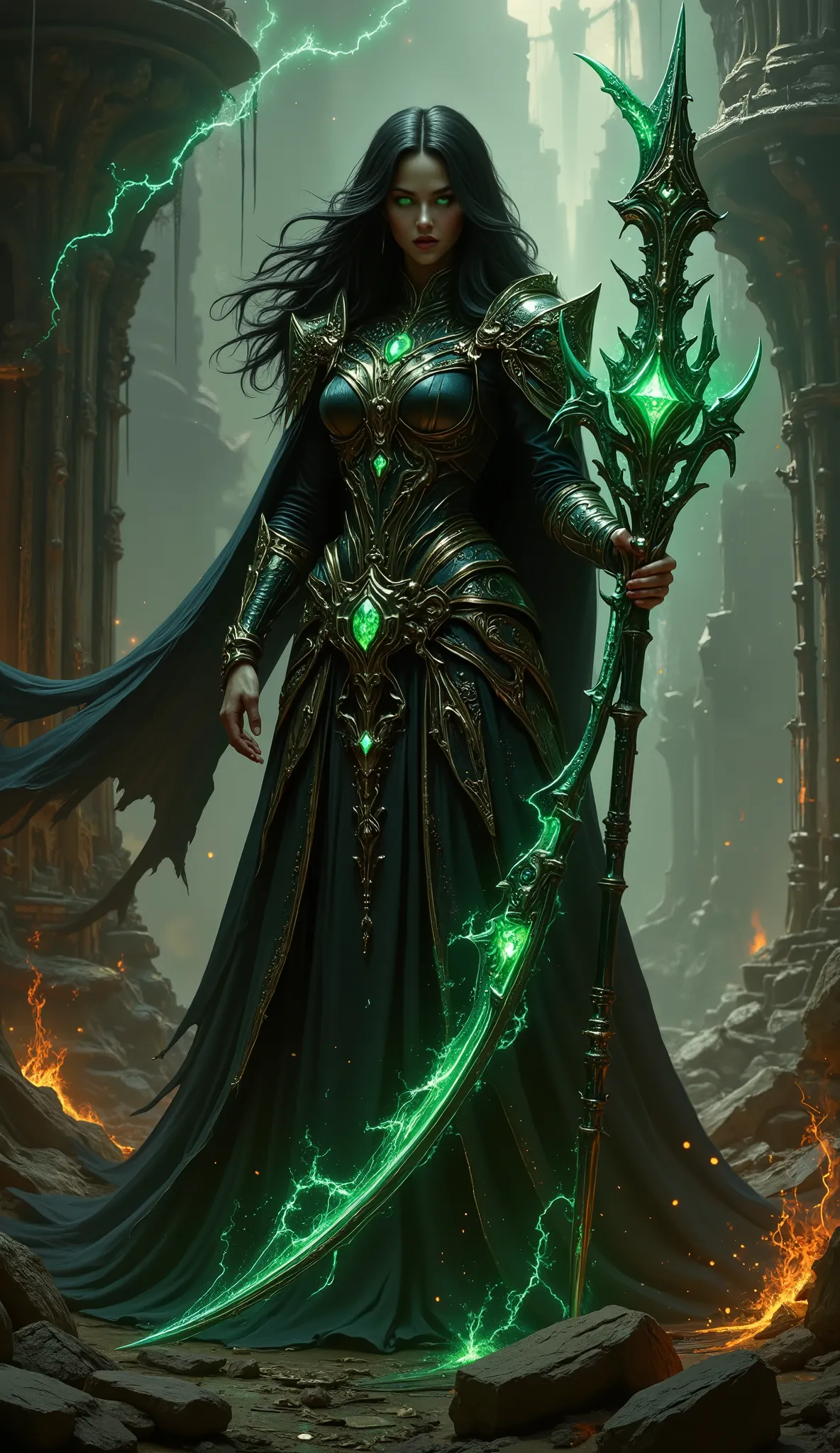 pinkdarkfantasy,
woman with long black hair, in intricate black armor with emerald gems, holds a large, a glowing green scythe, , standing among the burning ruins.