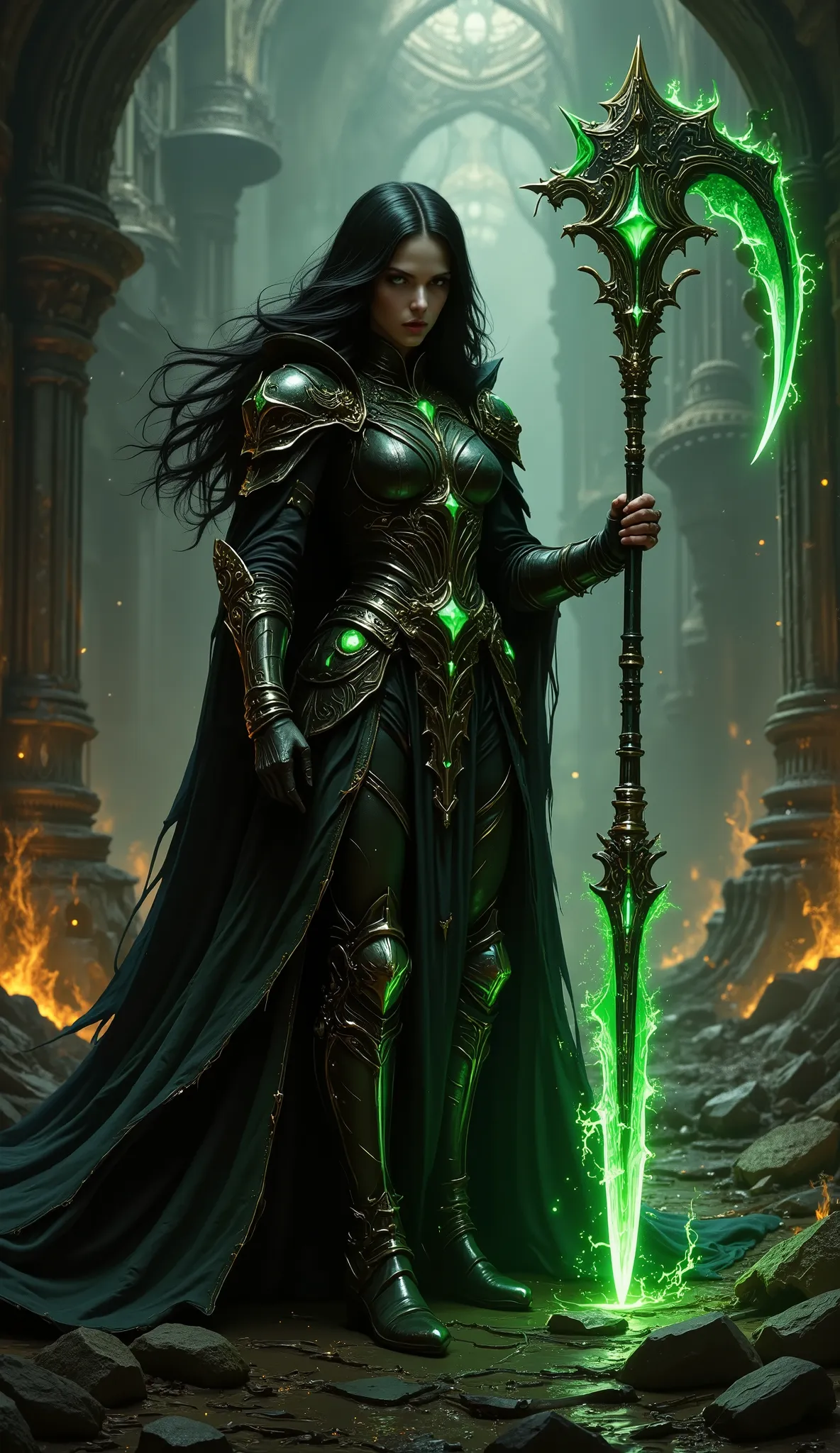 pinkdarkfantasy,
woman with long black hair, in intricate black armor with emerald gems, holds a large, a glowing green scythe, , standing among the burning ruins.