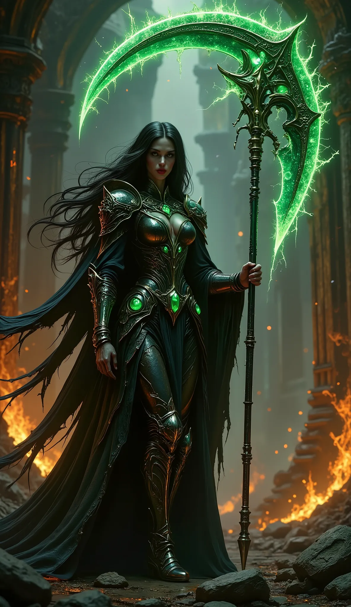 pinkdarkfantasy,
woman with long black hair, in intricate black armor with emerald gems, holds a large, a glowing green scythe, , standing among the burning ruins.