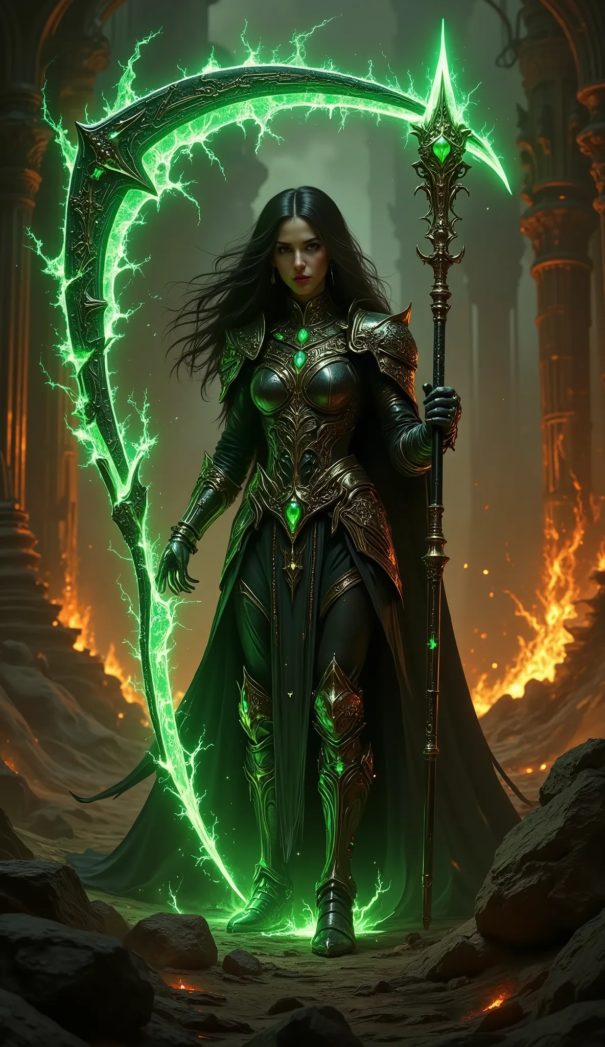 pinkdarkfantasy,
woman with long black hair, in intricate black armor with emerald gems, holds a large, a glowing green scythe, , standing among the burning ruins.