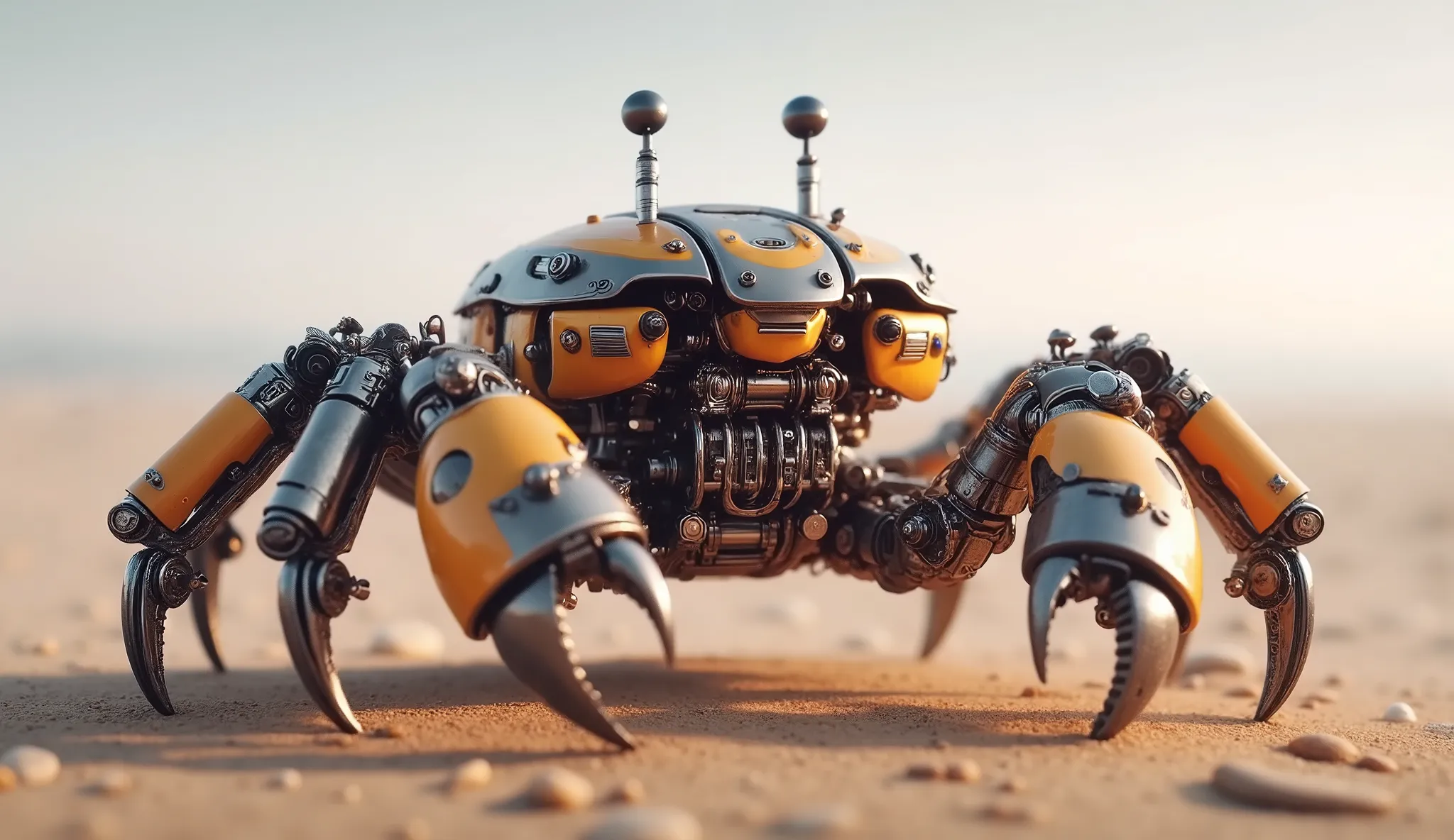 The image depicts a highly detailed, steampunk robotic crab in desert. The crab is made of an intricate set of metal parts, fun, and, with weathered, industrial look. Its body has a yellow-orange shell, , and its legs and claws are decorated with black and...