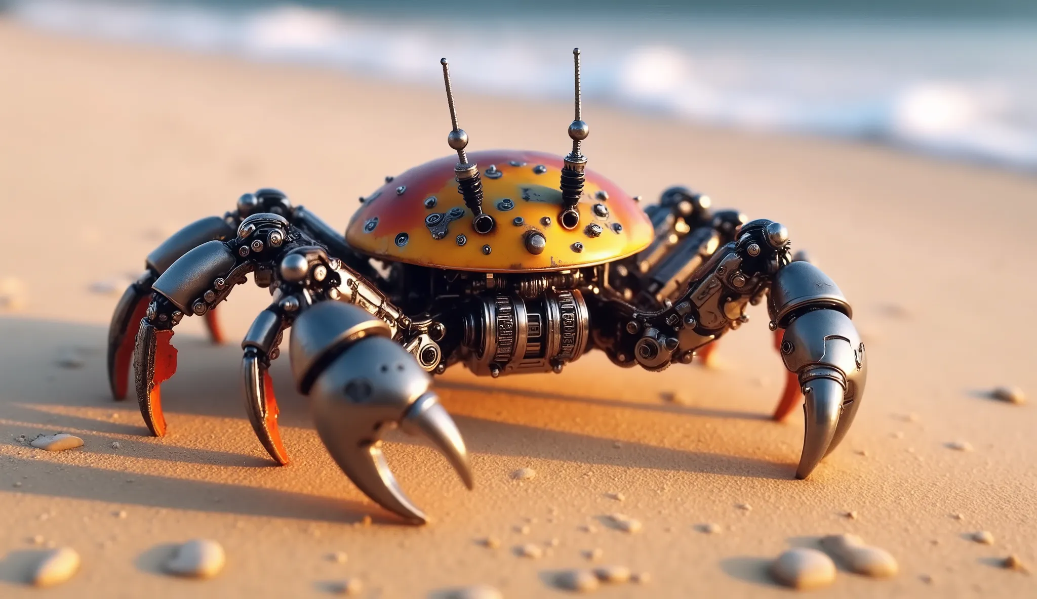 The image depicts a highly detailed, steampunk robotic crab in desert. The crab is made of an intricate set of metal parts, fun, and, with weathered, industrial look. Its body has a yellow-orange shell, , and its legs and claws are decorated with black and...