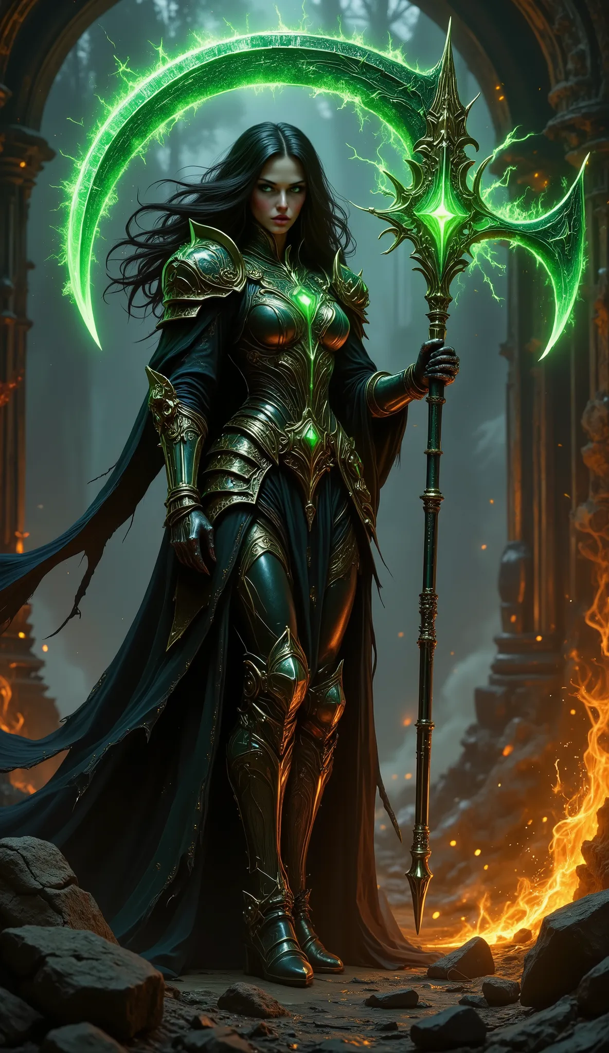 pinkdarkfantasy,
woman with long black hair, in intricate black armor with emerald gems, holds a large, a glowing green scythe, , standing among the burning ruins.
