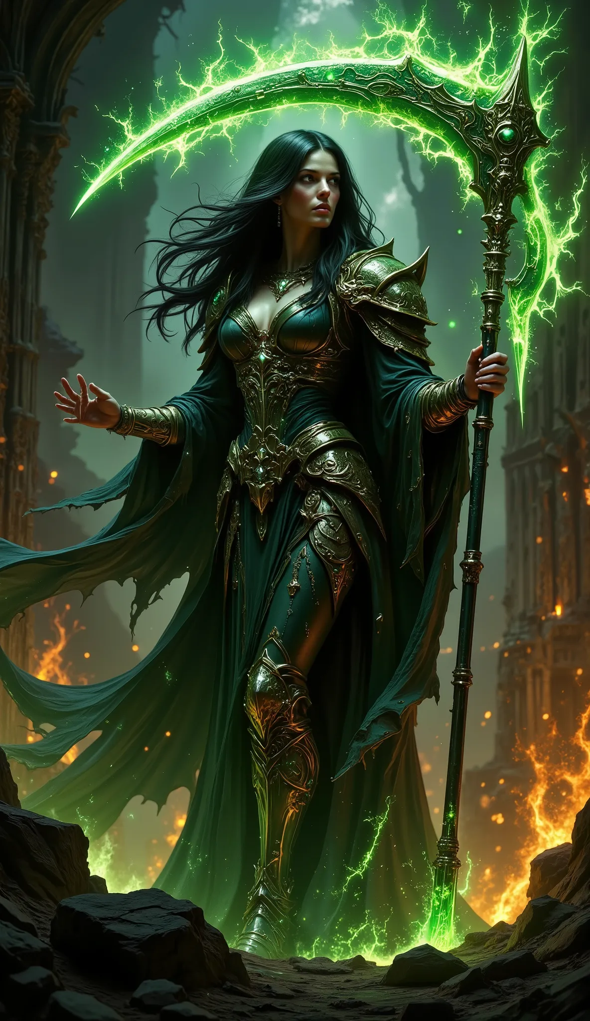 pinkdarkfantasy,
woman with long black hair, in intricate black armor with emerald gems, holds a large, a glowing green scythe, , standing among the burning ruins.
