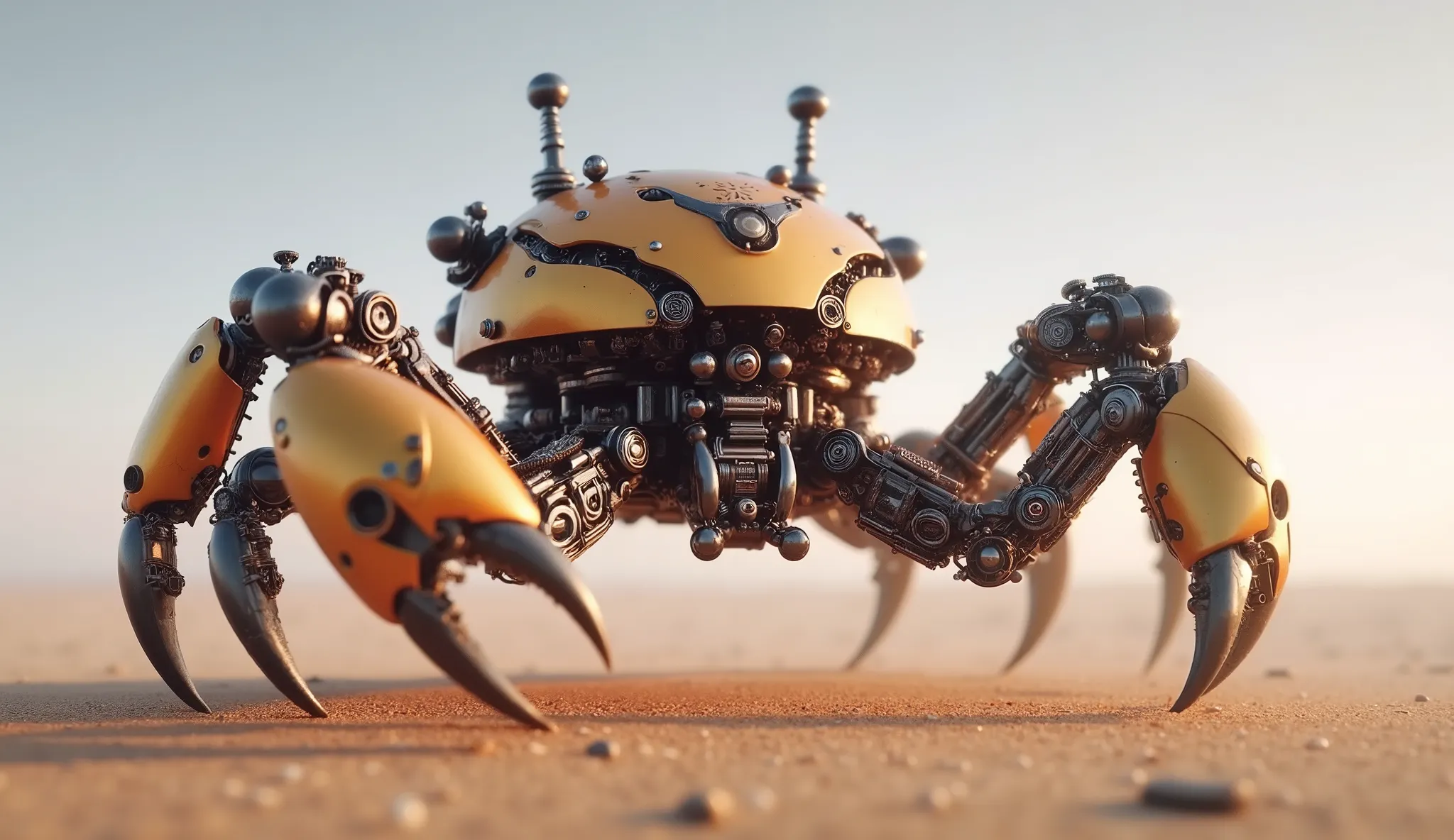 The image depicts a highly detailed, steampunk robotic crab in desert. The crab is made of an intricate set of metal parts, fun, and, with weathered, industrial look. Its body has a yellow-orange shell, , and its legs and claws are decorated with black and...