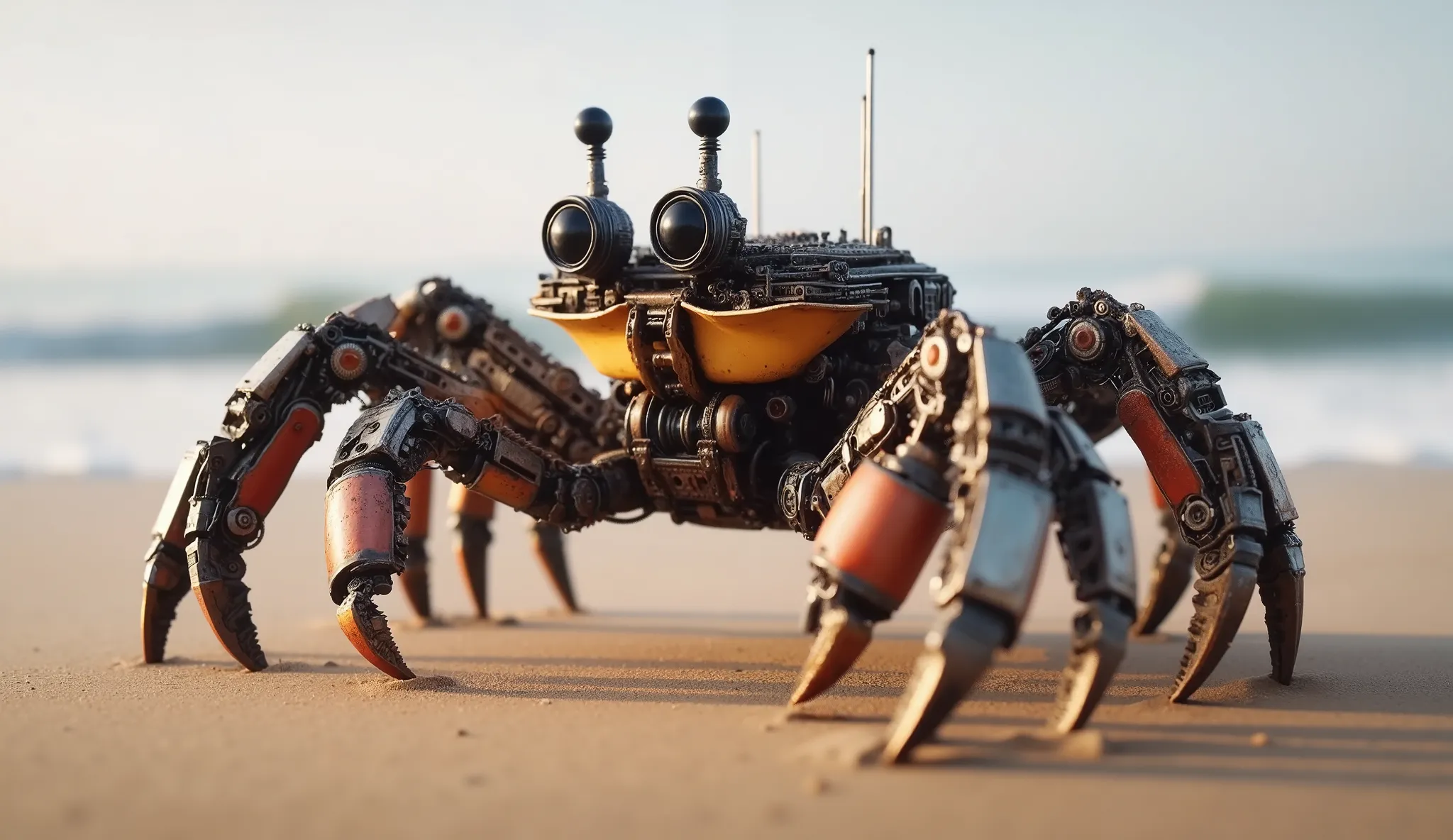 The image depicts a highly detailed, steampunk robotic crab in desert. The crab is made of an intricate set of metal parts, fun, and, with weathered, industrial look. Its body has a yellow-orange shell, , and its legs and claws are decorated with black and...