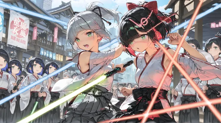 Battle Shrine Maiden(high resolution masterpiece, high resolution, High Accuracy in Selection, high resolution, top quality:1.2) (Cook Hold Subjective(masterpiece:1.5)super definition, high resolution, 8k) middle ponytail, diagonal bangs, hair covering eye...
