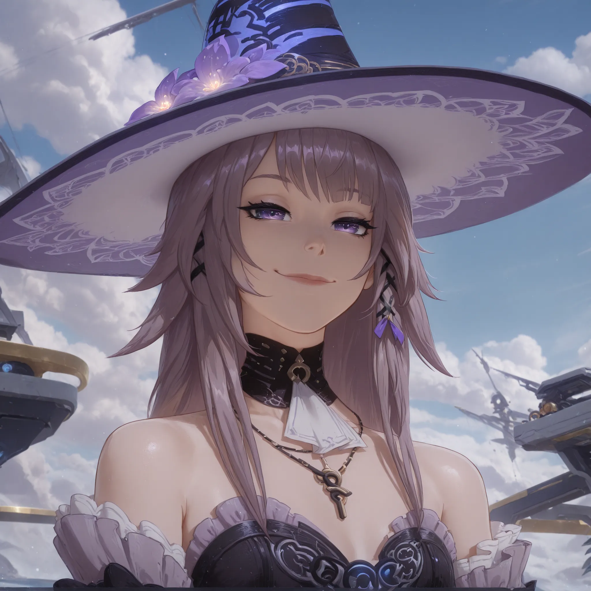 Make the character The Herta WITH THE HAT smiling. Futuristic ship setting.