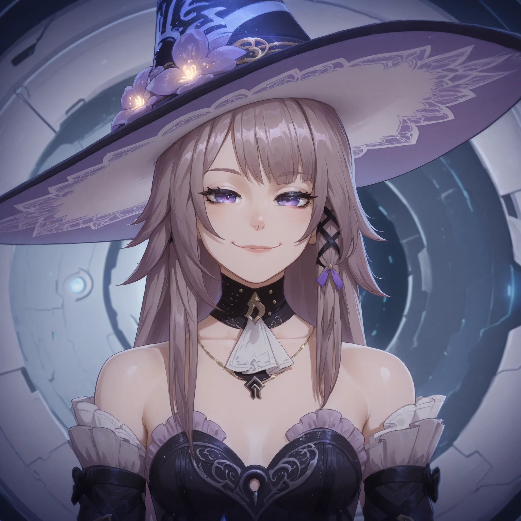 Make the character The Herta WITH THE HAT smiling, in a futuristic setting.