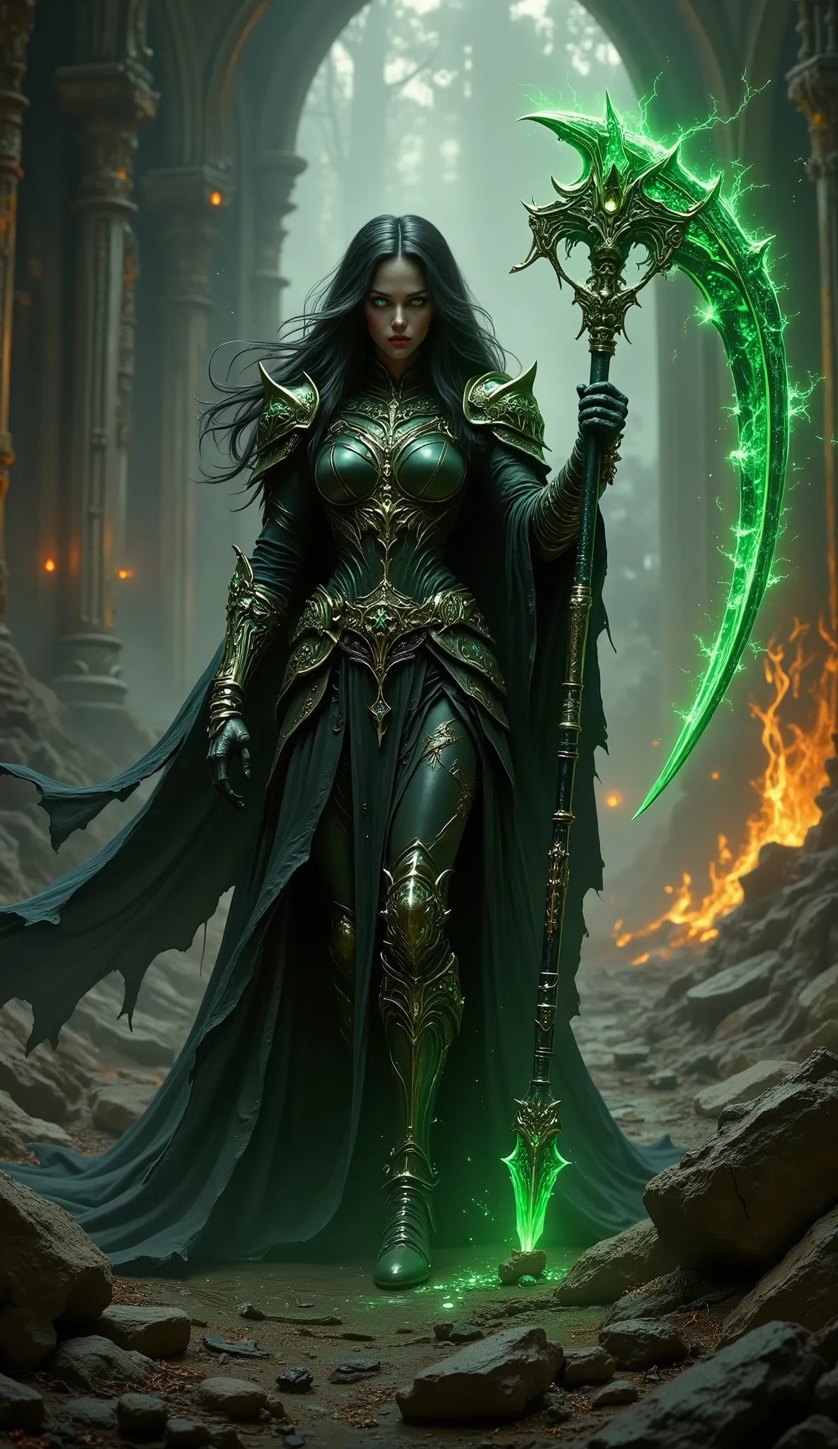pinkdarkfantasy,
woman with long black hair, in intricate black armor with emerald gems, holds a large, a glowing green scythe, , standing among the burning ruins.