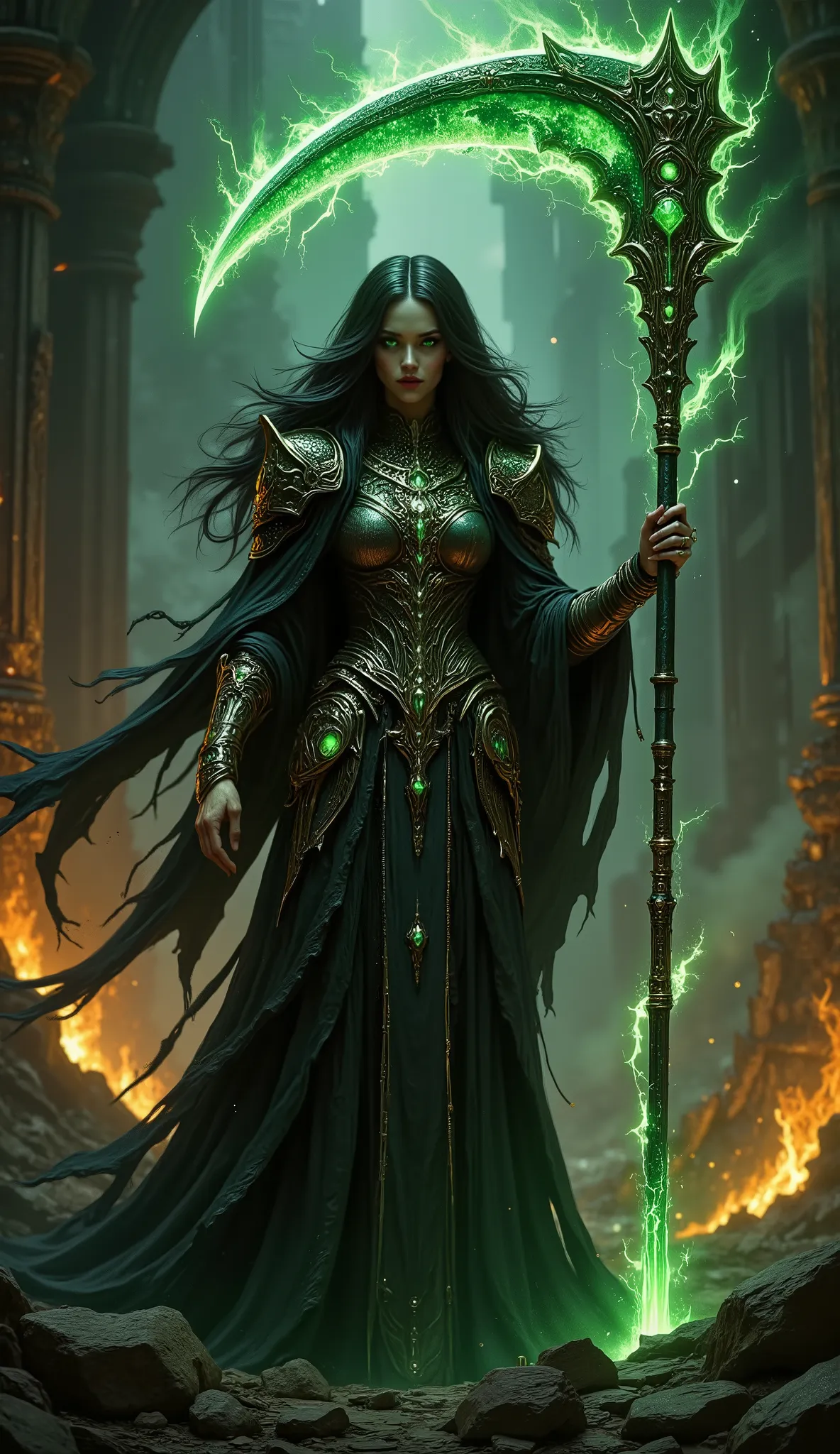 pinkdarkfantasy,
woman with long black hair, in intricate black armor with emerald gems, holds a large, a glowing green scythe, , standing among the burning ruins.