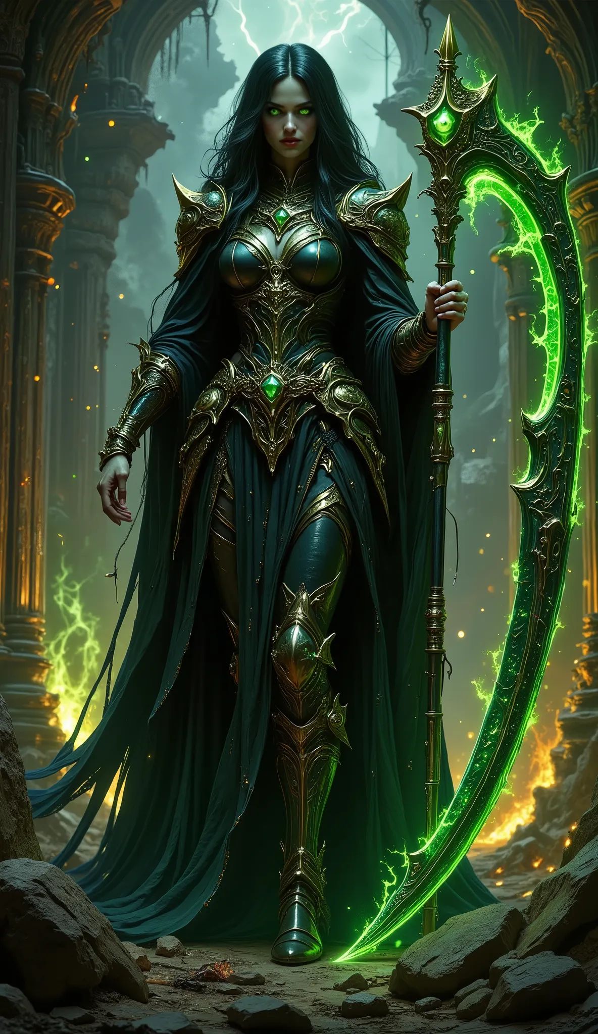 pinkdarkfantasy,
woman with long black hair, in intricate black armor with emerald gems, holds a large, a glowing green scythe, , standing among the burning ruins.
