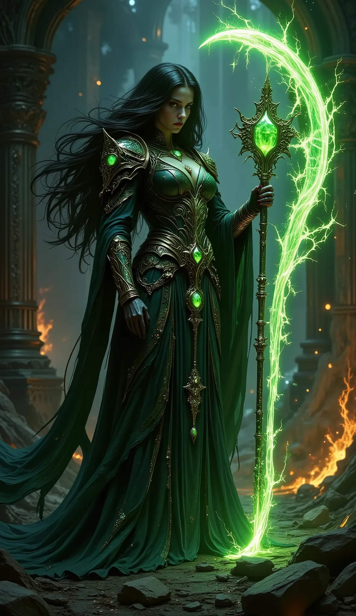 pinkdarkfantasy,
woman with long black hair, in intricate black armor with emerald gems, holds a large, a glowing green scythe, , standing among the burning ruins.