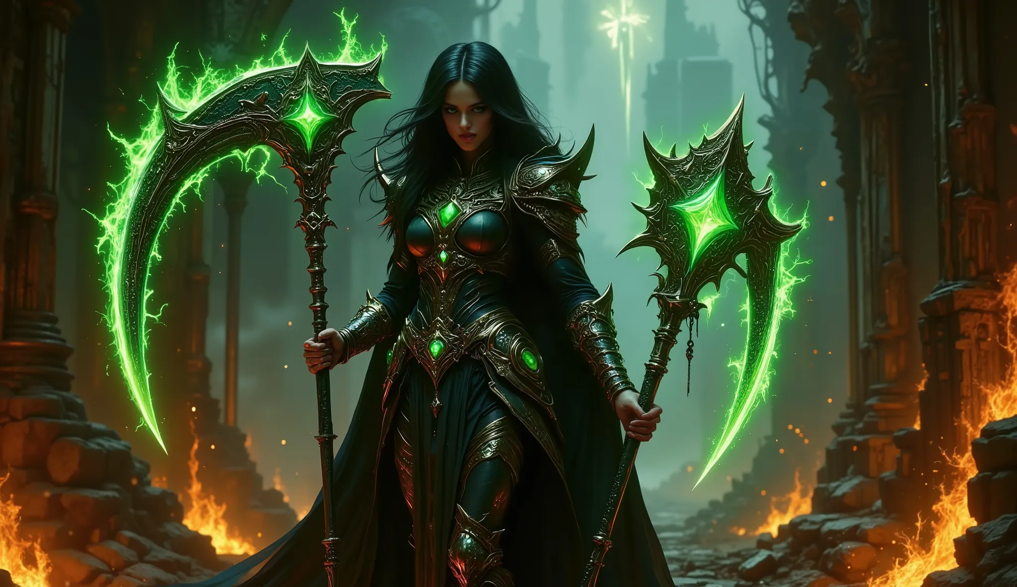 pinkdarkfantasy,
woman with long black hair, in intricate black armor with emerald gems, holds a large, a glowing green scythe, , standing among the burning ruins.
