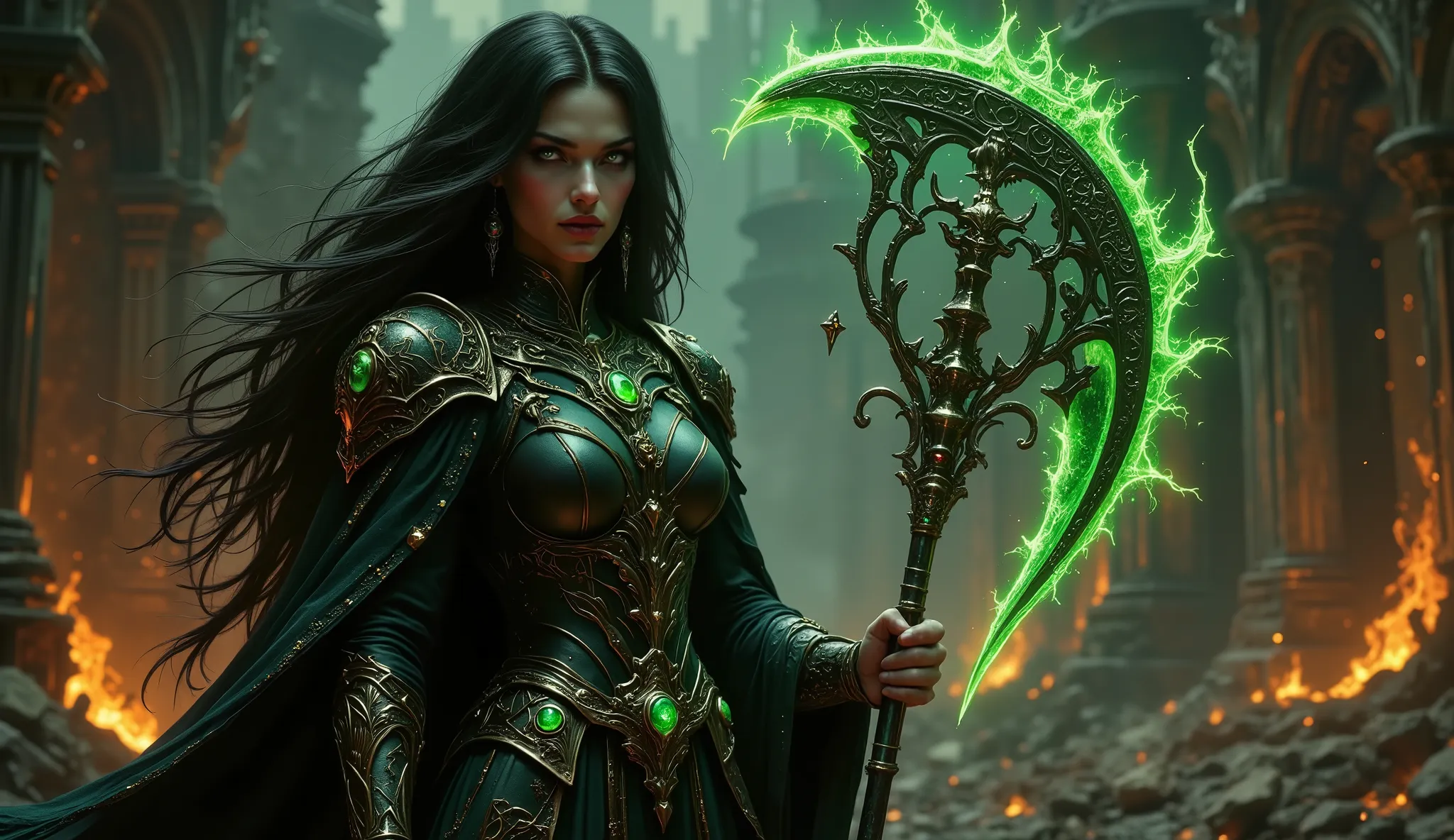 pinkdarkfantasy,
woman with long black hair, in intricate black armor with emerald gems, holds a large, a glowing green scythe, , standing among the burning ruins.