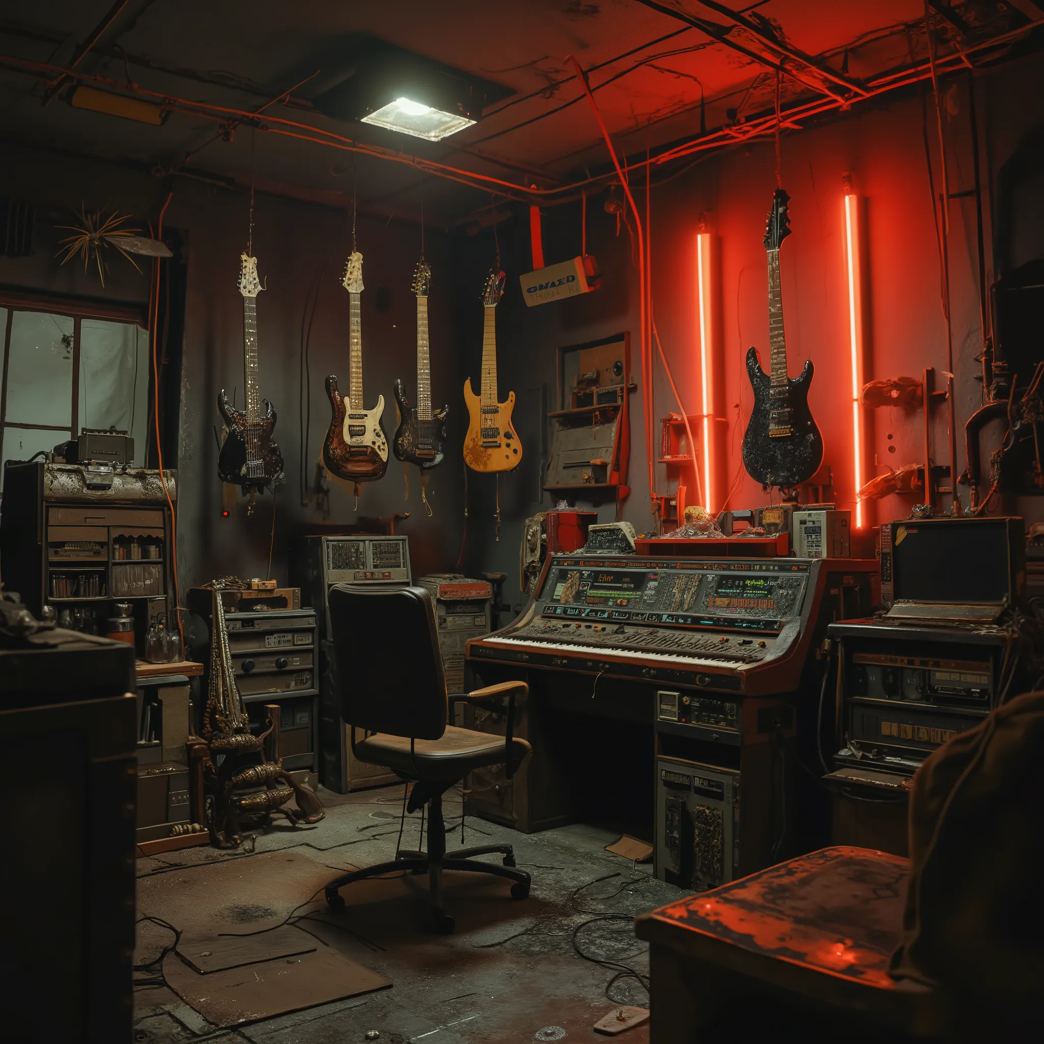 un studio d'enregistrement post-apocalyptique, used musical instruments, rouille, old recording equipment, old steampunk electric guitars suspended, hooks hanging from the ceiling, old broken light fixtures, black and decrepit walls, ambiance sombre, nuit,...