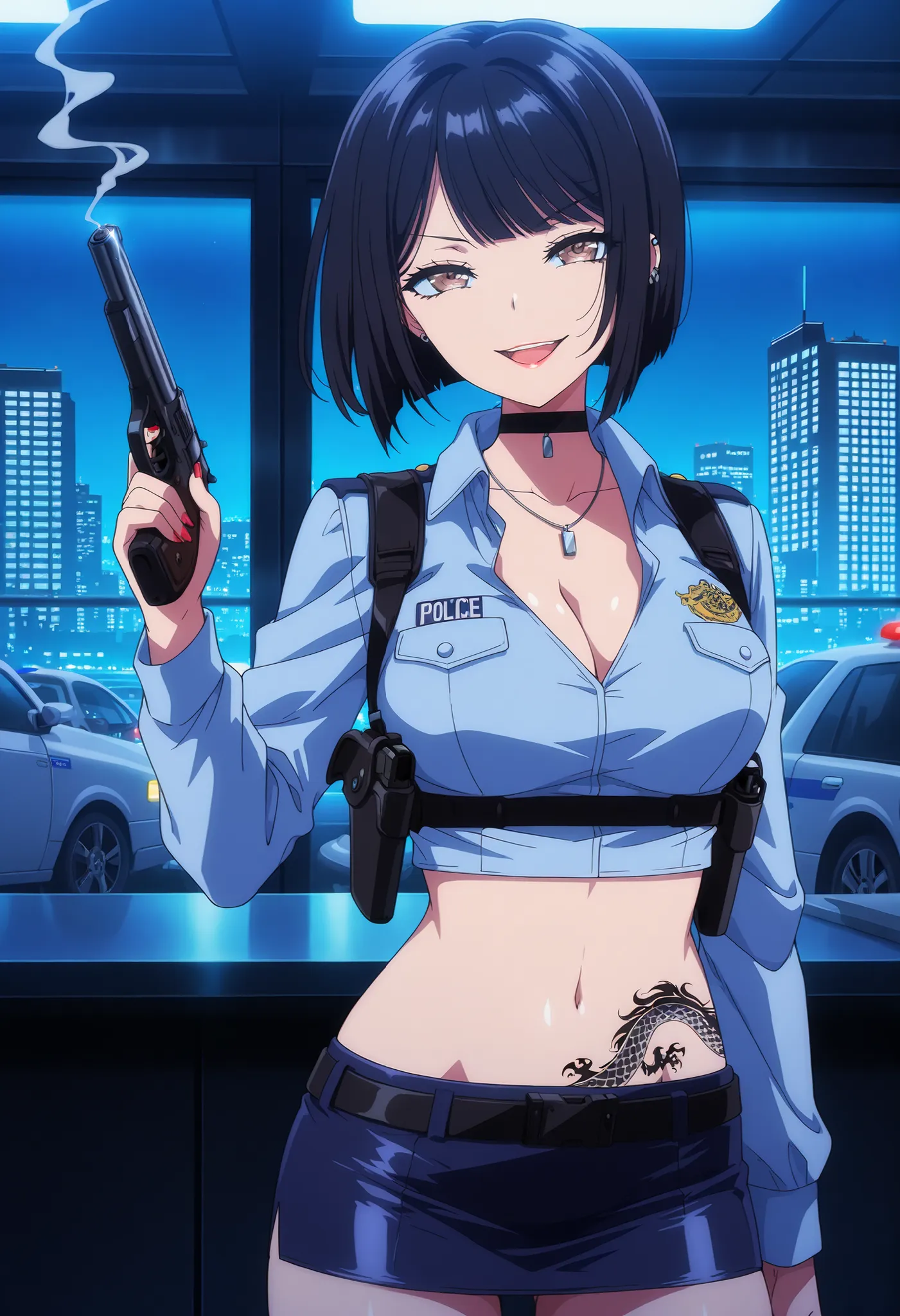 sumire_cnr,black hair,short hair, bob cut, brown eyes, ,black choker, 
,,earrings,   ear piercing, long hair, , lipstick,Hot girl, baddie, smoking, sensual, attractive cross necklace, choker,, bar background , inside bar , indoors , cityscape , casino , ni...