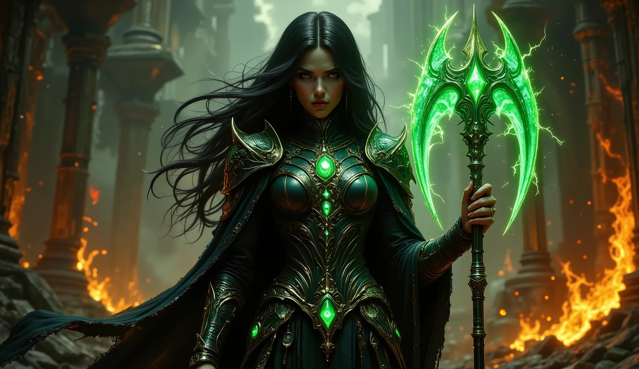pinkdarkfantasy,
woman with long black hair, in intricate black armor with emerald gems, holds a large, a glowing green scythe, , standing among the burning ruins.