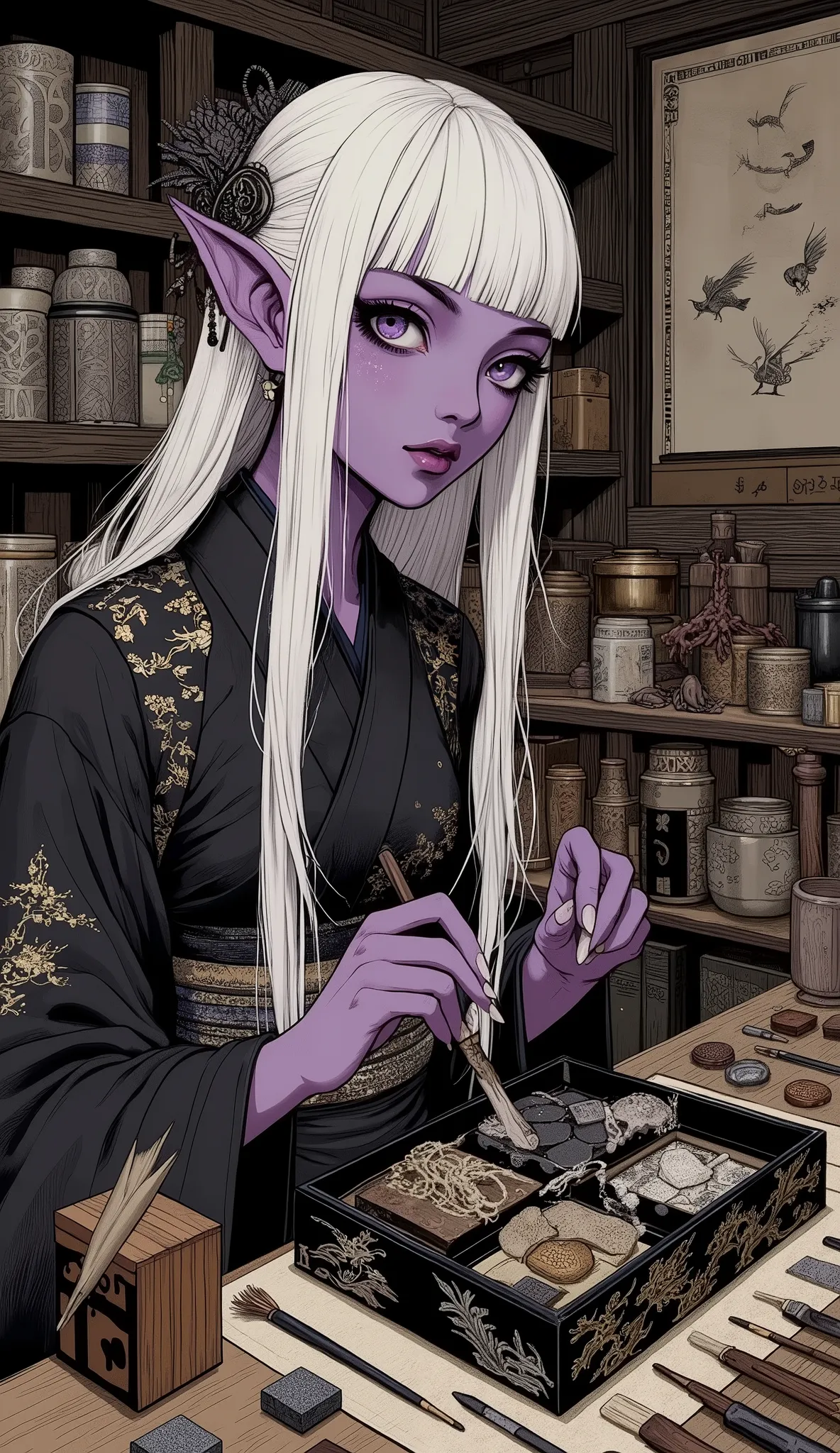 (A fusion of Ukiyo-e and dark fantasy. Aesthetic and gothic digital art. Draw a detailed face. Look away.) BREAK 
(White hair. Blunt bangs. White eyebrows. Long white eyelashes. Almond-shaped eyes. Lavender eyes. Dark, thick eyeliner. Small pink lips. Slig...