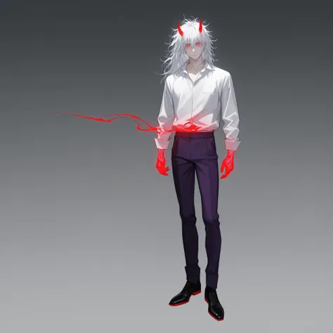 ikemenboys, full body, white messy haired male with glowing red eyes, sleek curved red horns, purple Tokkō-fuku, handsome, 
