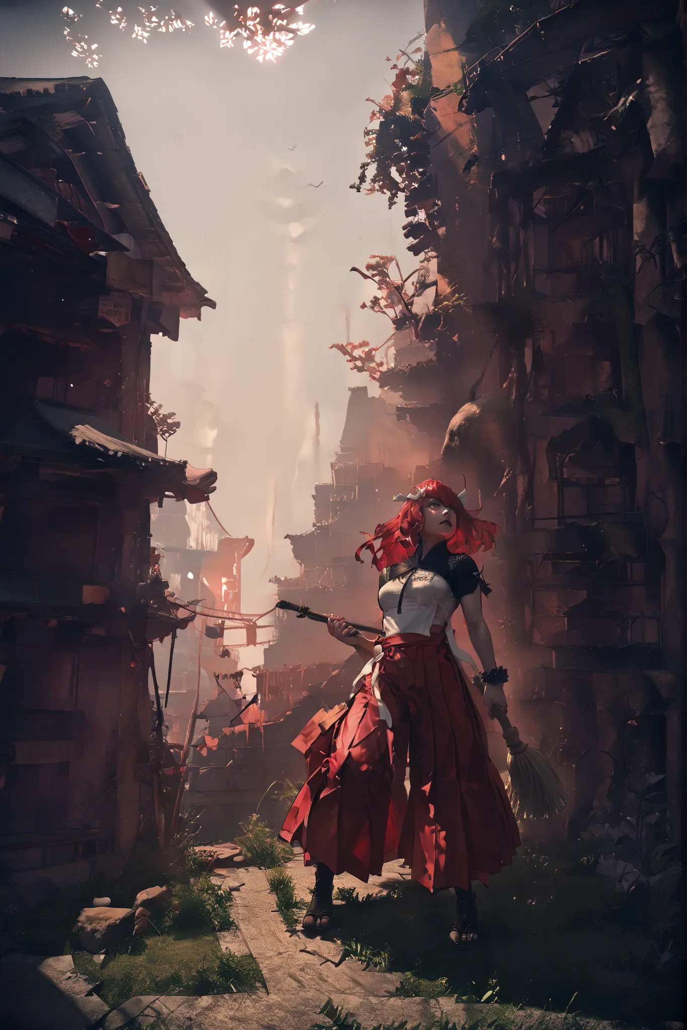 DevolaPopola,scenery, nierscene, 2girls, Devola, Popola,, wearing pair of red hakama, wearing a white kosode, white ribbons on head, outside of a shinto shrine, holding broom, action pose, flying 