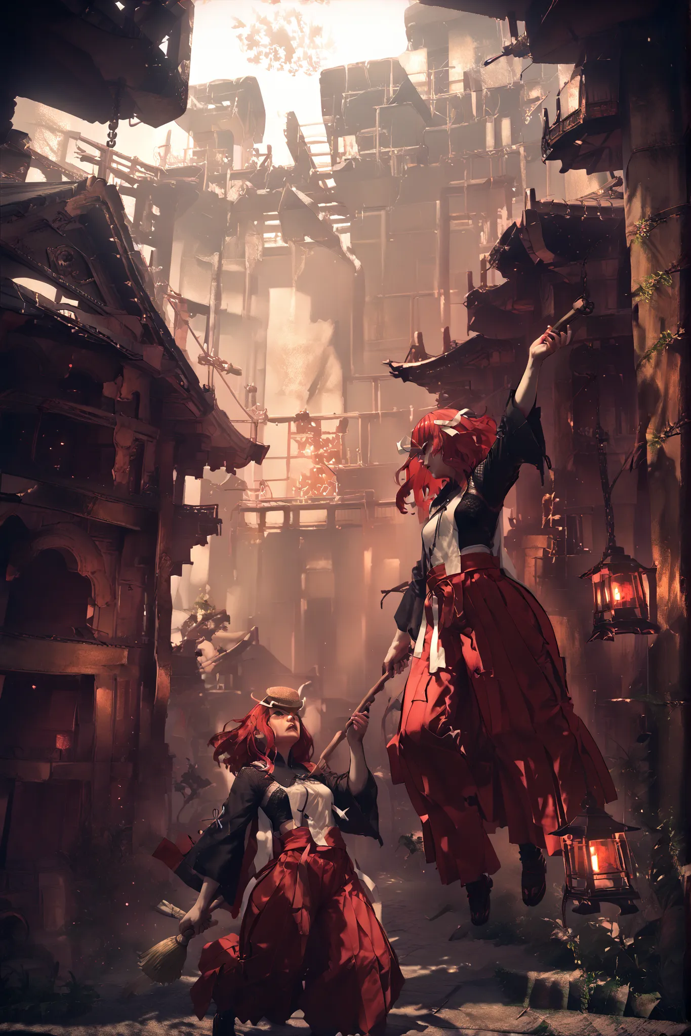 DevolaPopola,scenery, nierscene, 2girls, Devola, Popola,, wearing pair of red hakama, wearing a white kosode, white ribbons on head, outside of a shinto shrine, holding broom, action pose, flying
