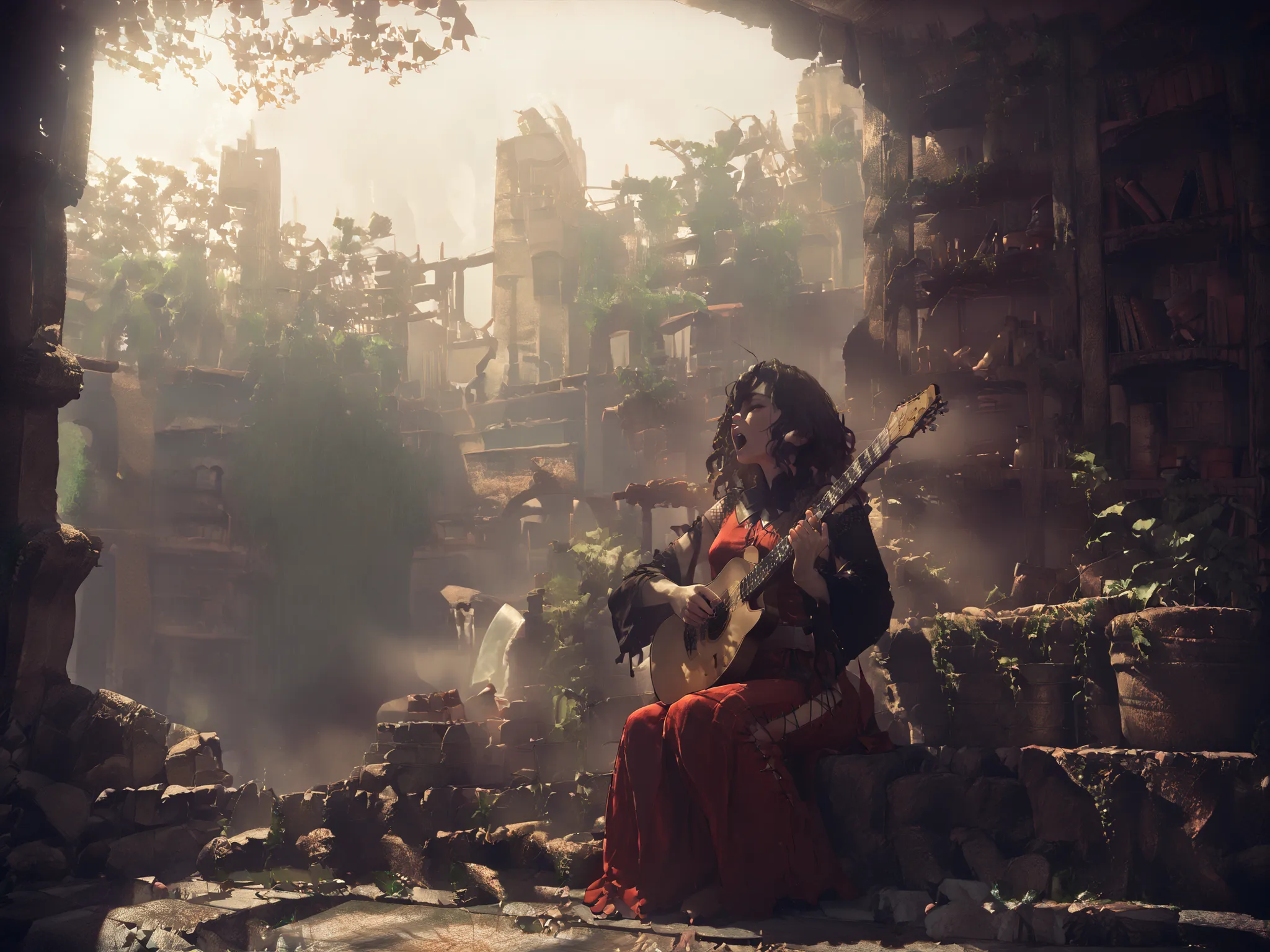 DevolaPopola, scenery, nierscene, 1girls, Devola, sitting by an ancient water_fountain, outside of a stone library, holding guitar, singing