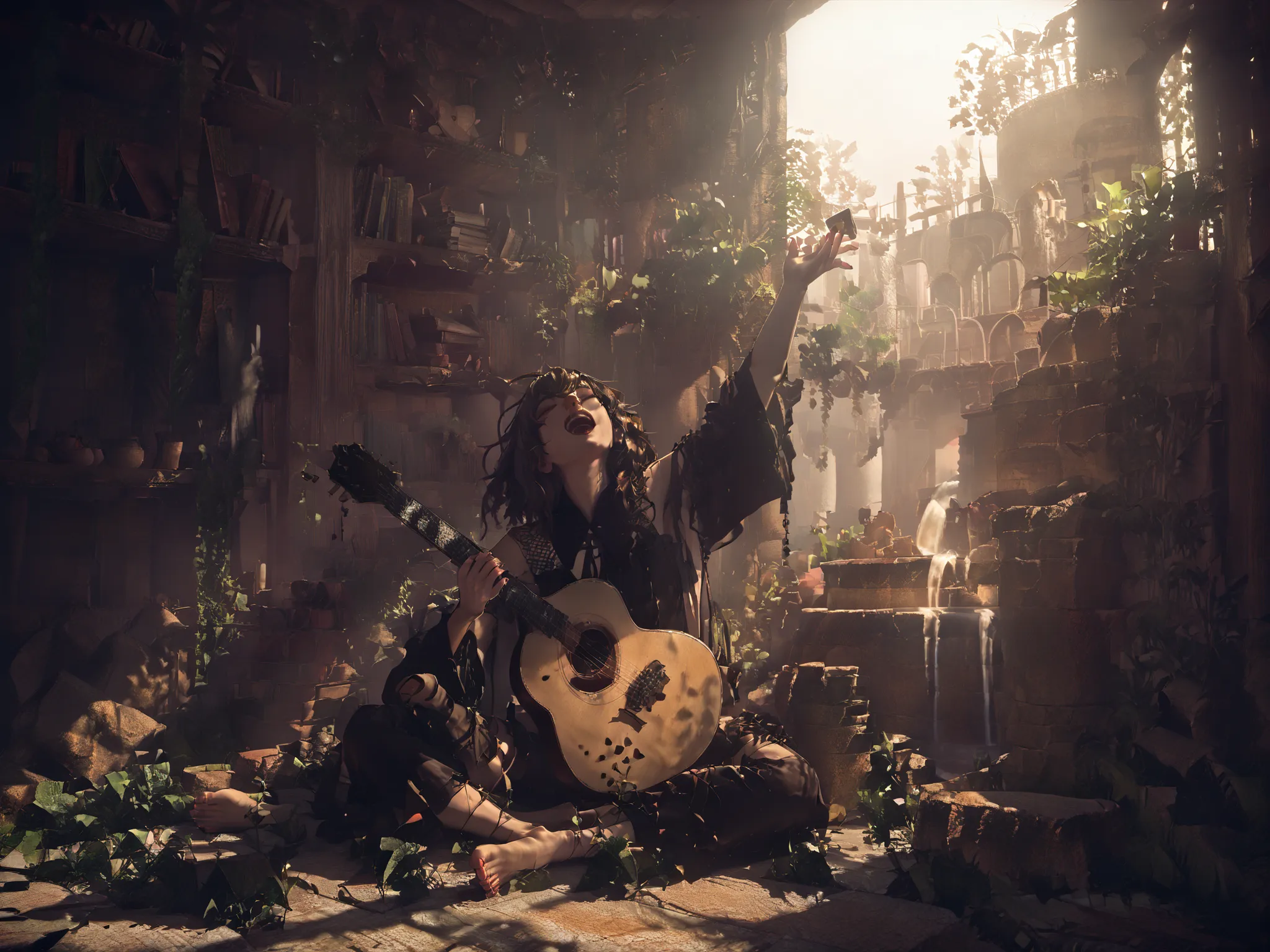 DevolaPopola, scenery, nierscene, 1girls, Devola, sitting by an ancient water_fountain, outside of a stone library, holding guitar, singing