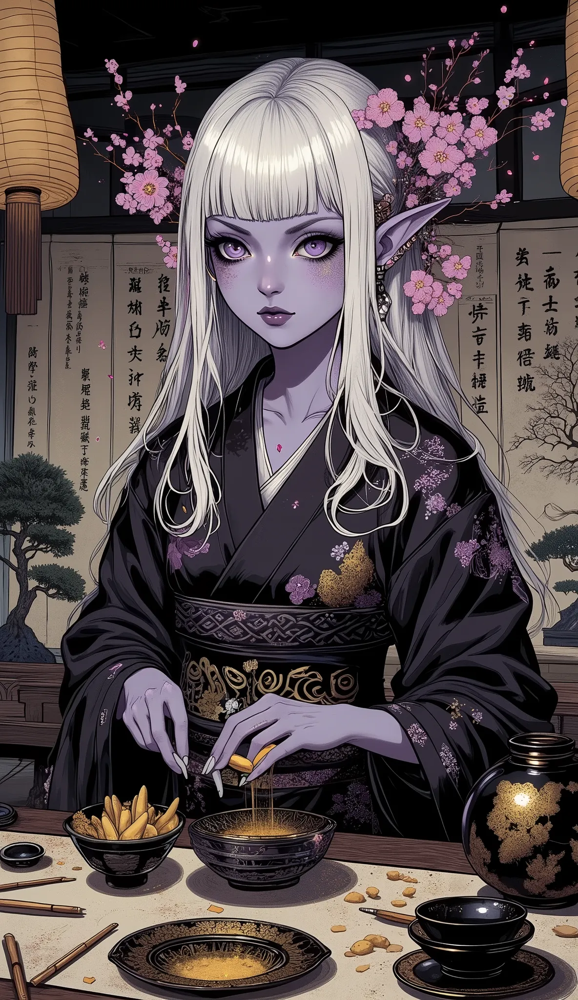 (A fusion of Ukiyo-e and dark fantasy. Aesthetic and gothic digital art. Draw a detailed face. Look away.) BREAK 
(White hair. Blunt bangs. White eyebrows. Long white eyelashes. Almond-shaped eyes. Lavender eyes. Dark, thick eyeliner. Small pink lips. Slig...