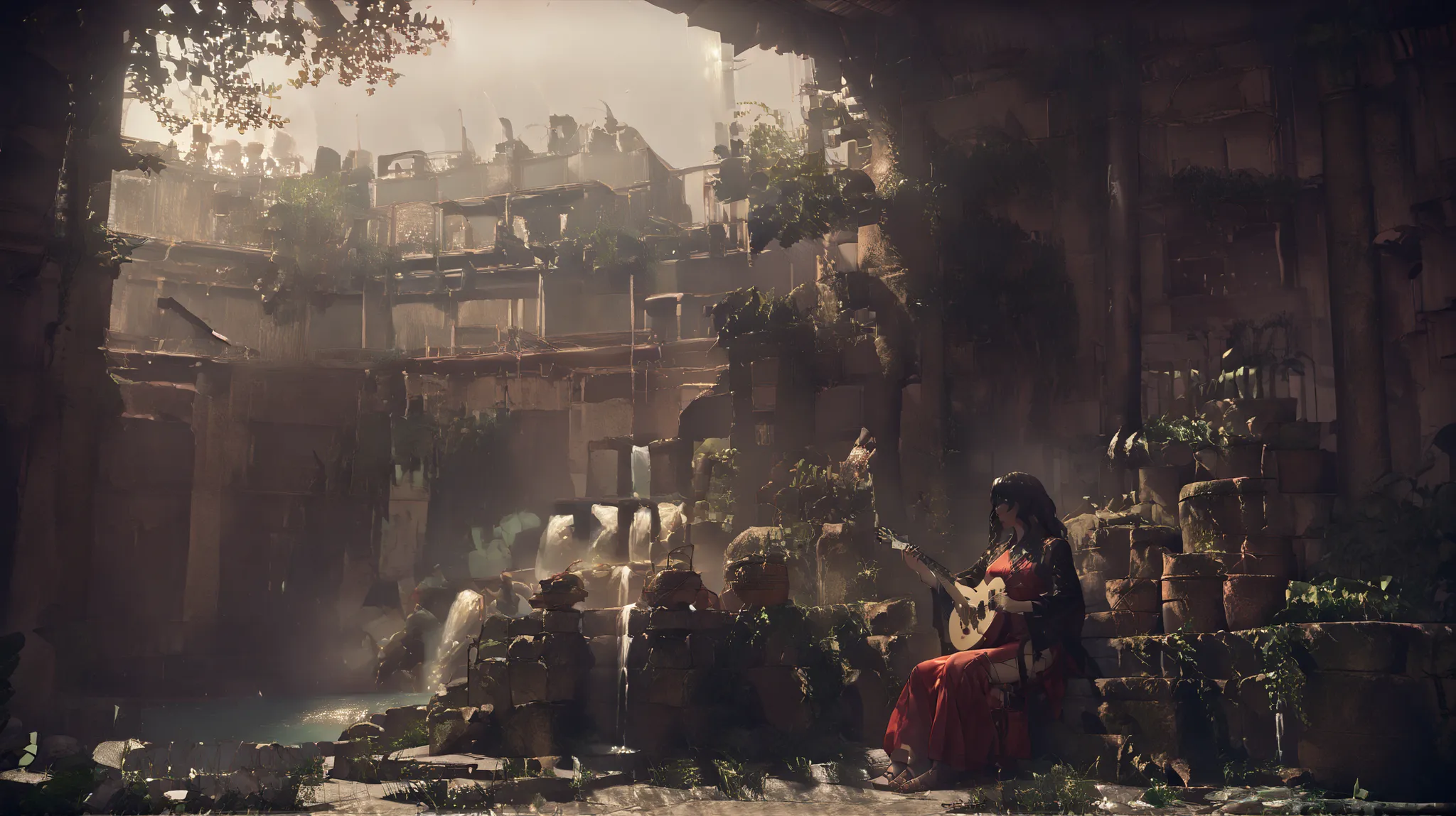 DevolaPopola, scenery, nierscene, 1girls, Devola, sitting by an ancient water_fountain, outside, holding guitar