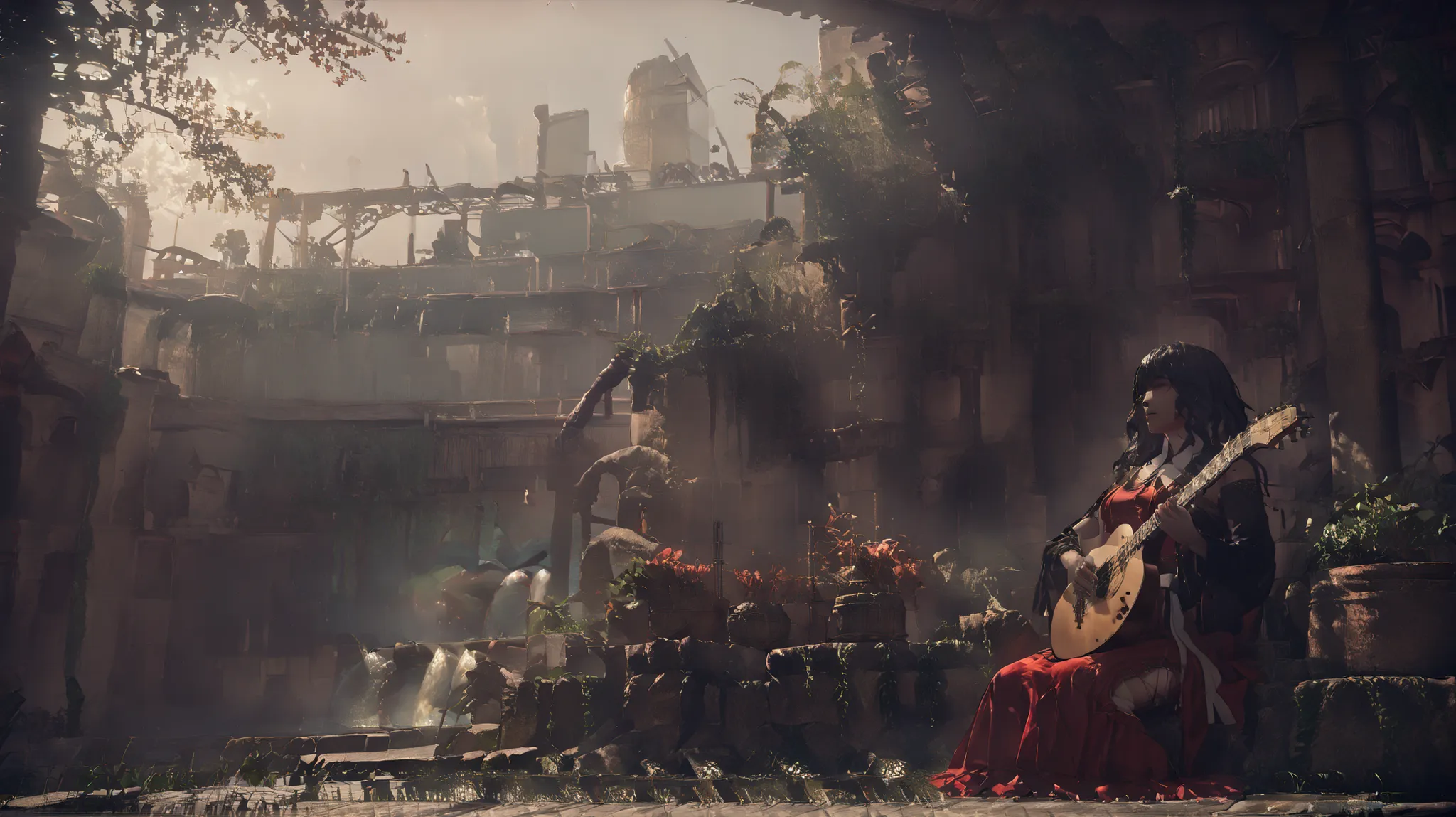DevolaPopola, scenery, nierscene, 1girls, Devola, sitting by an ancient water_fountain, outside, holding guitar