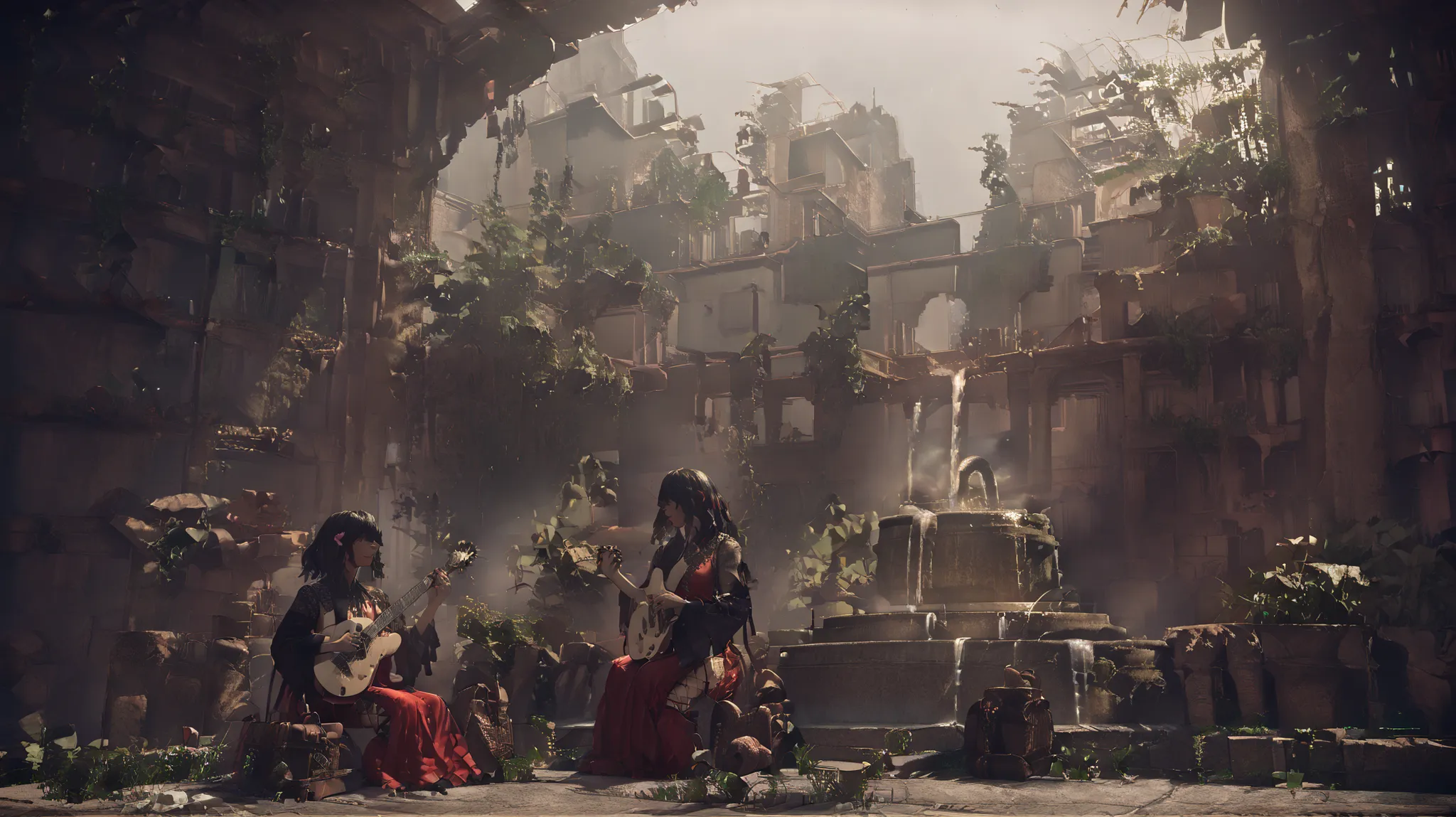 DevolaPopola, scenery, nierscene, 1girls, Devola, sitting by an ancient water_fountain, outside, holding guitar