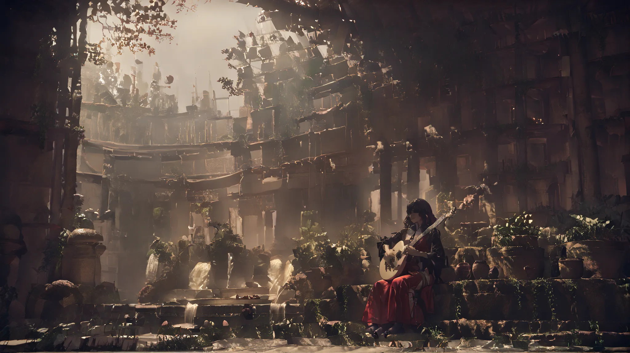 DevolaPopola, scenery, nierscene, 1girls, Devola, sitting by an ancient water_fountain, outside, holding guitar